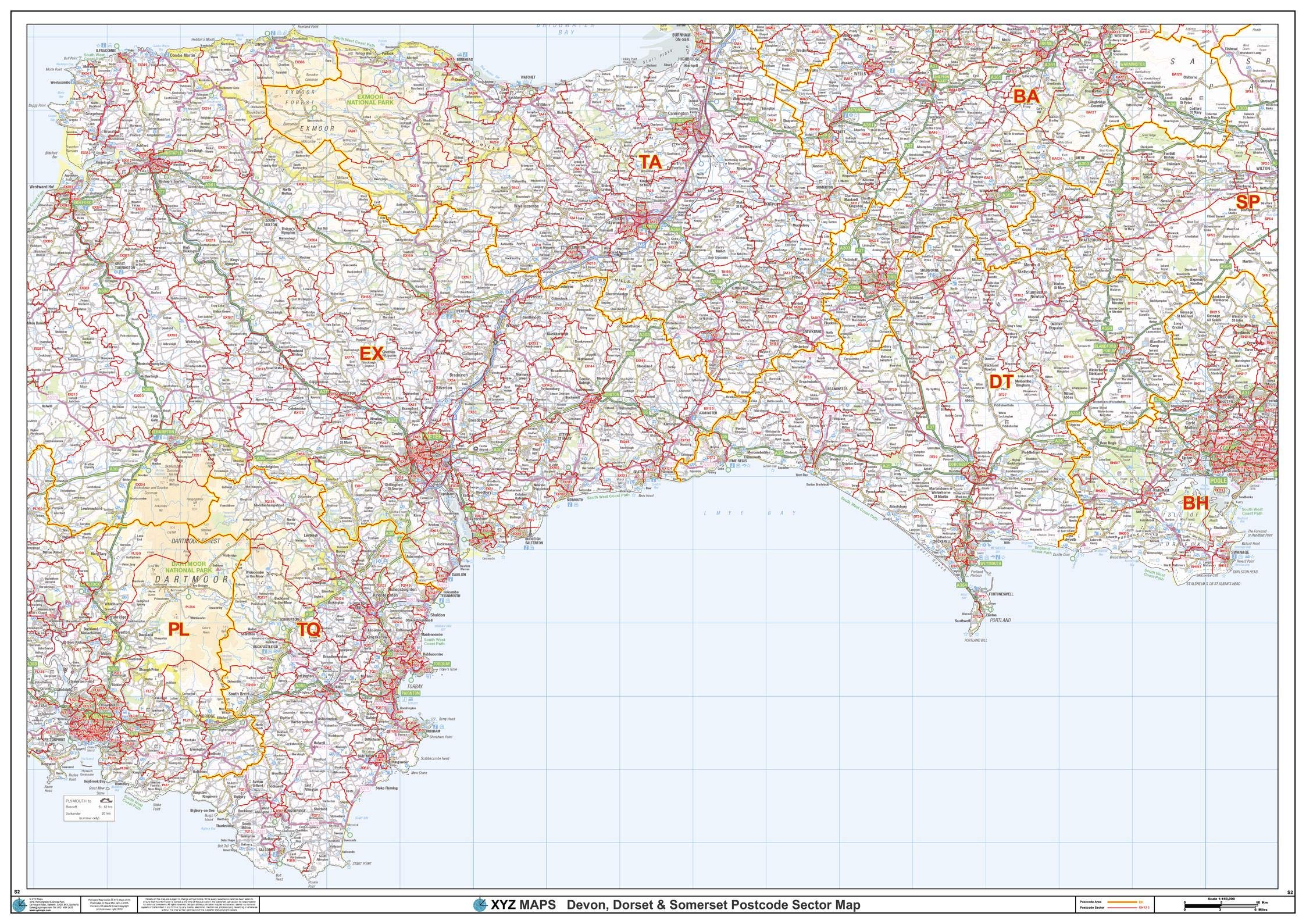 Devon, Dorset & Somerset Postcode Sector Wall Map (S2) - 47" x 33.25" Rolled Canvas