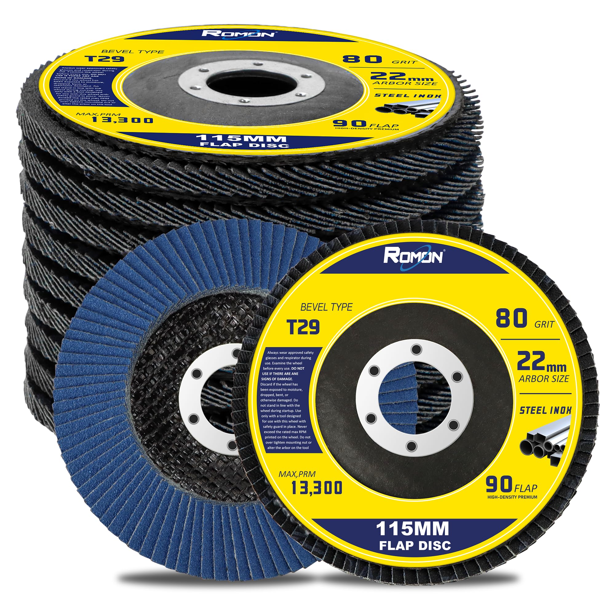 ROMON Flap Discs, 10 Pack 4 1/2 x 7/8-Inch Flap Sanding Disc, Type 29 Zirconia Grinding Wheel Aluminum, Oxide Abrasives for Stainless Steel, Sheet Metal (High Density Version, 80 Grit)