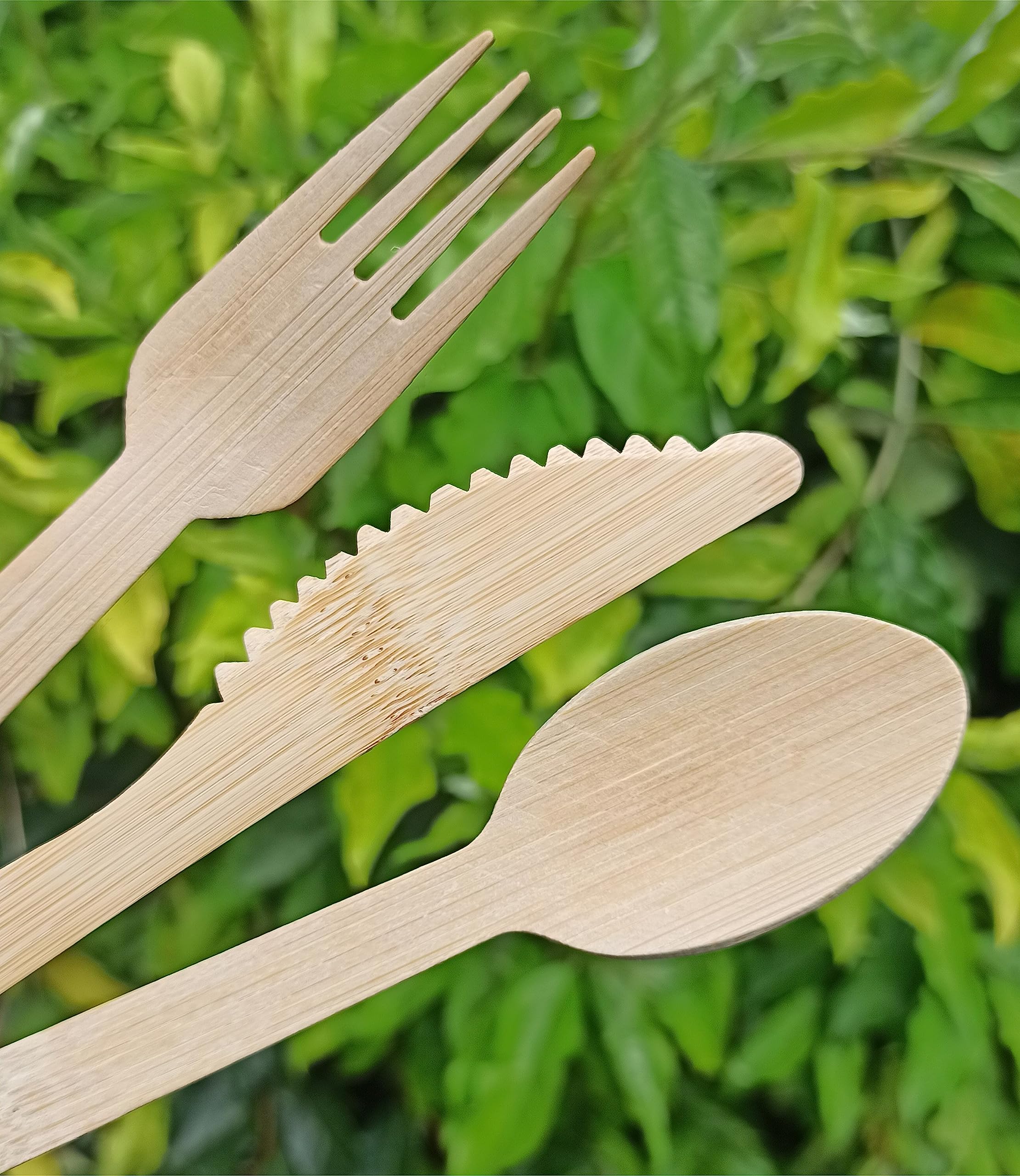 Set di 100 posate compostabili in legno di bambù, confezionate singolarmente, 100 confezioni di cucchiaio, forchetta e coltello, con fazzoletto di carta, biodegradabili