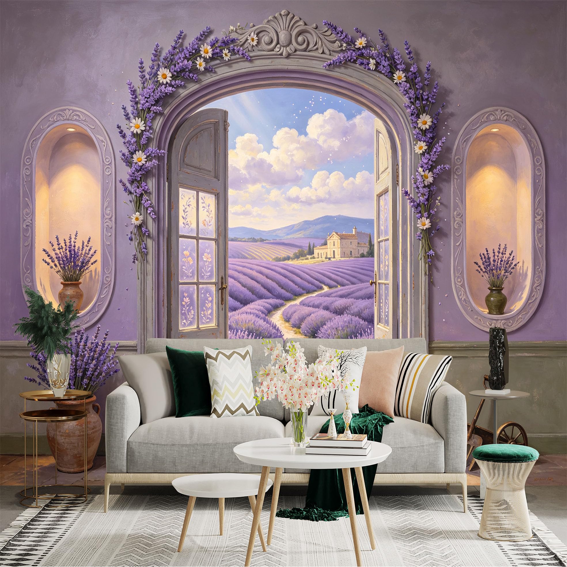 Custom Size Wall Sticker Mural， Lavender Field Cottage Landscape， Rustic Archway Flower View， for wall Decoration， peelandstick wall Decals.