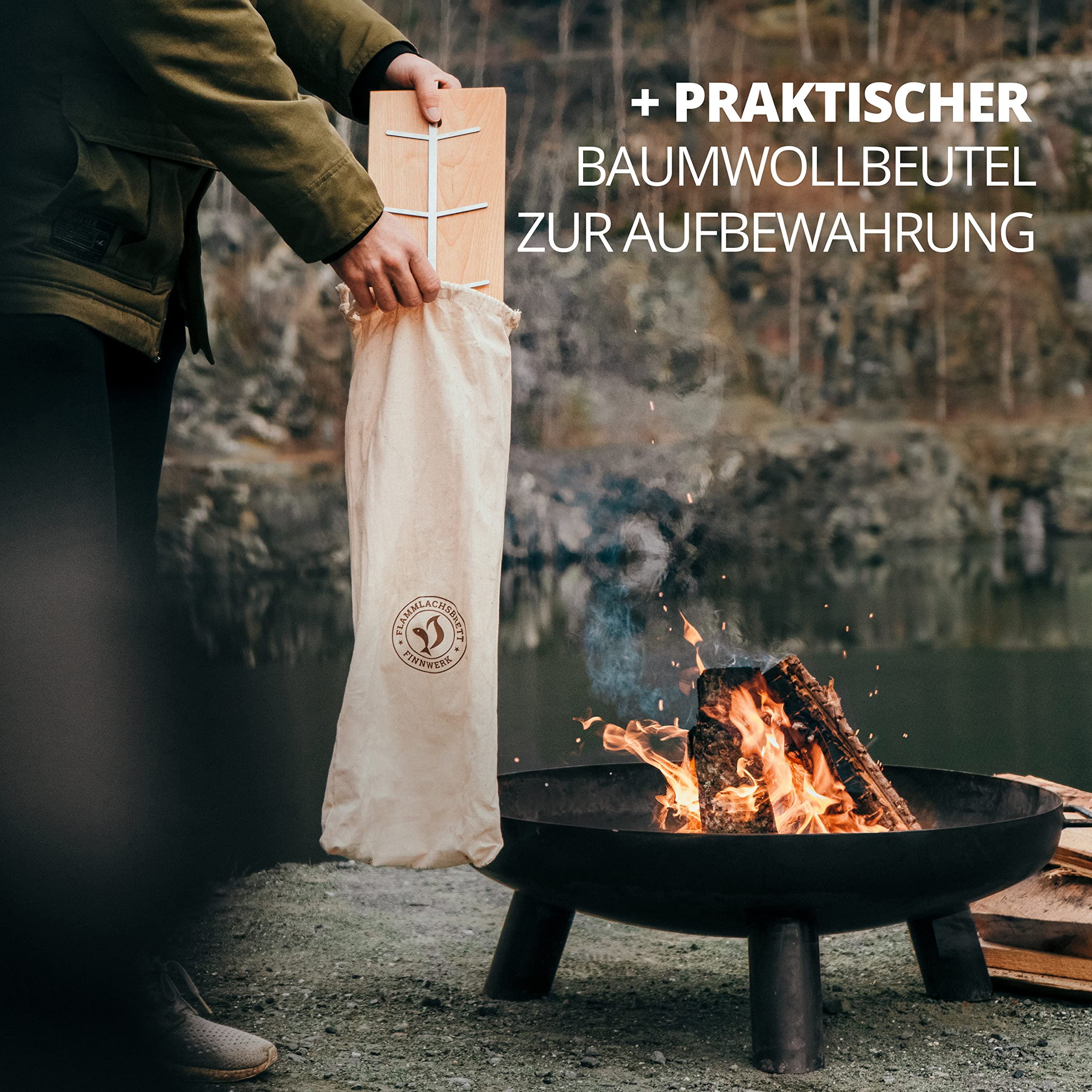 FINNWERK Flammlachsbrett - Flammlachsbretter mit Halterung aus Edelstahl - Perfekte Lachsbretter zum Grillen aus massiver Birke - Auch Ideal als Räucherbrett - Winkelsystem zur optimalen Einstellung