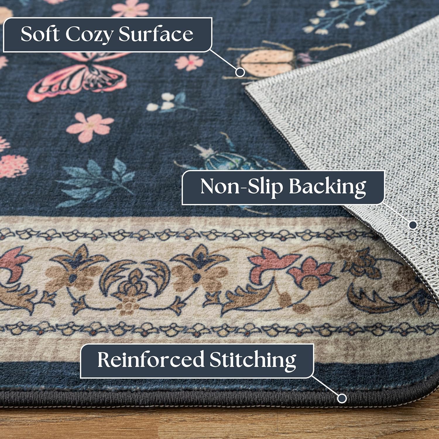 Navy Blue Area Rug for Bedroom Dorm Beetle Butterfly Floral Pattern Rugs 5x7 Vintage Natural Cottagecore Soft Low Pile Carpet with Non Slip Washable Navy Rug for Living Room Dining Room 5 x 7