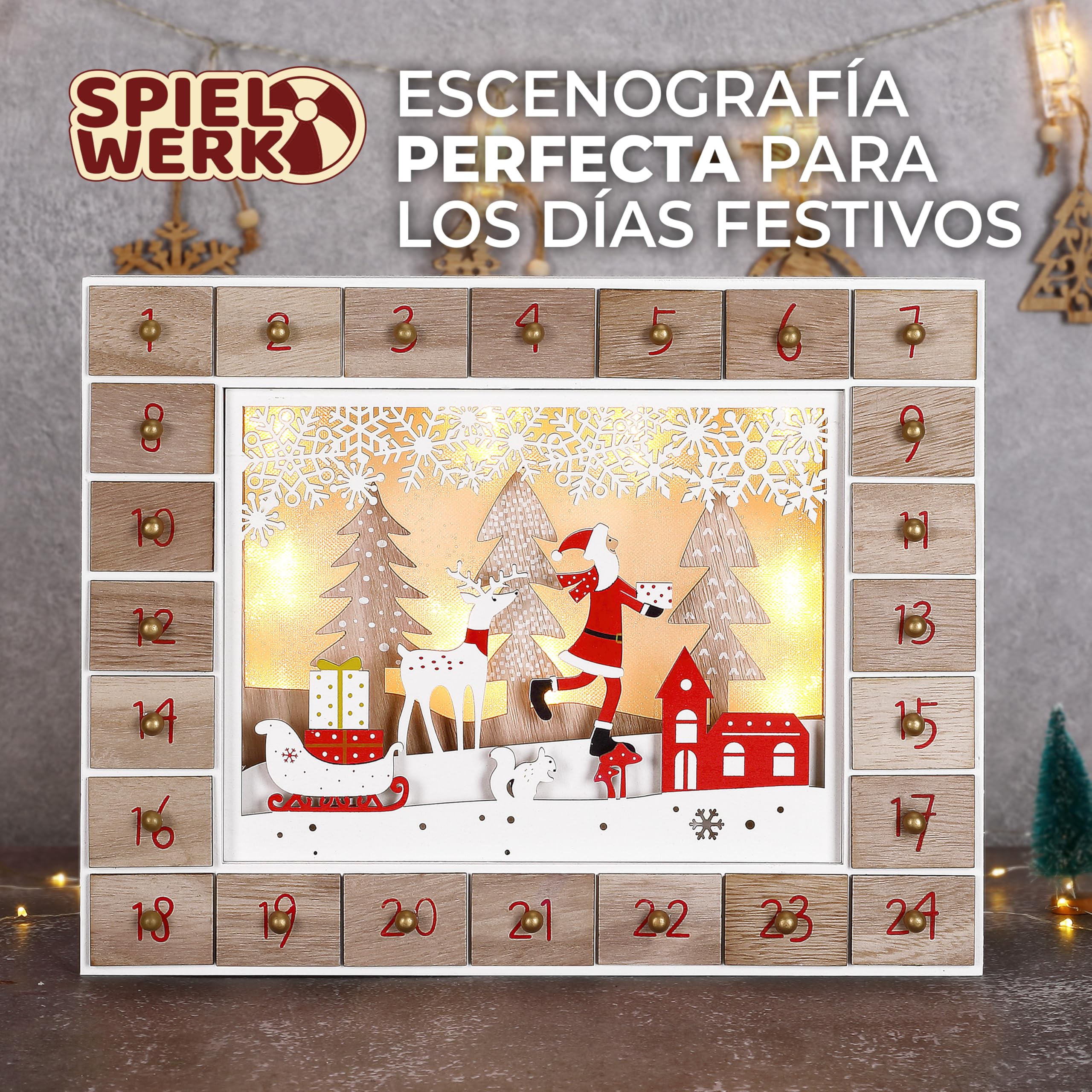 Spielwerk® Calendario de Adviento Madera Navidad Luces LED 24 Cajones Adorno para Rellenar Decoración Navideña 2025