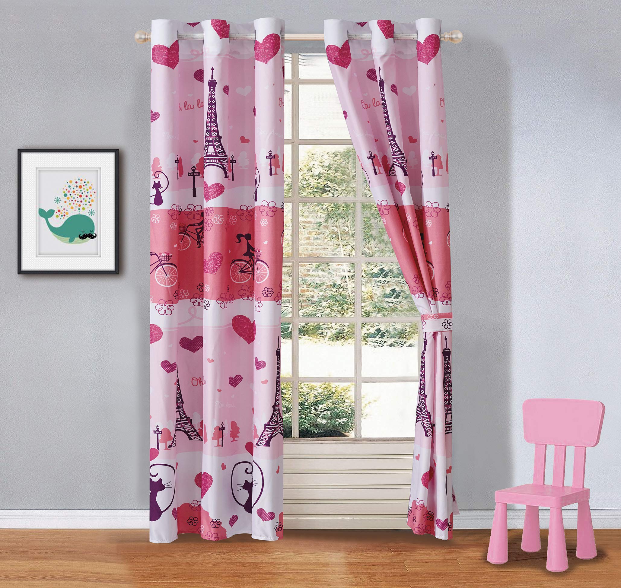 MK HomeMk Collection 2 Panel Curtain Set Paris Eiffel Tower Bikes Hearts Flowers Pink Hot Pink White Purple New