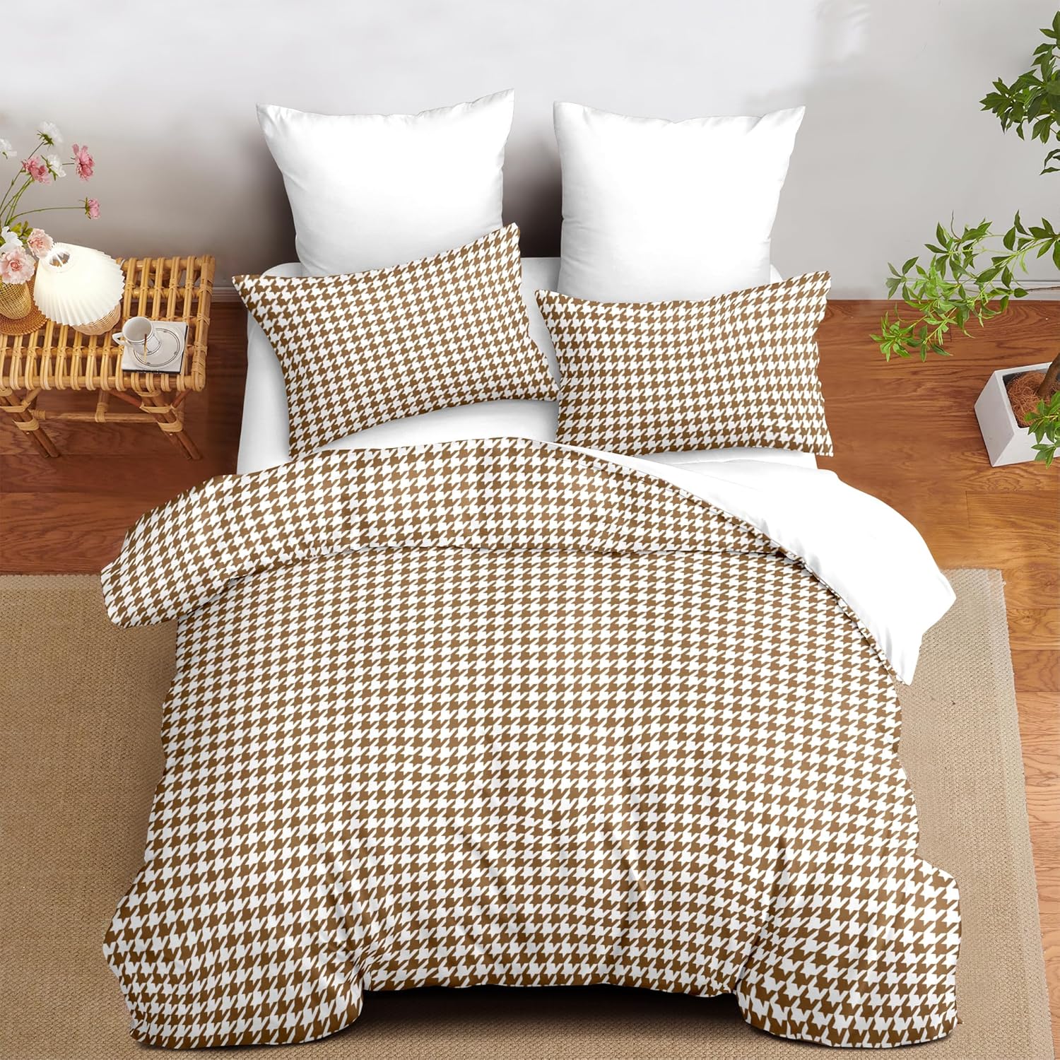 Duvet Cover Brown Tartan Twin Size Kids Geometry Plaid Boho Soft Bedding,2 Pcs Warm Microfiber Bet Set with 1 Pillowcase/68 * 86 Plaid Jfs1683 Twin
