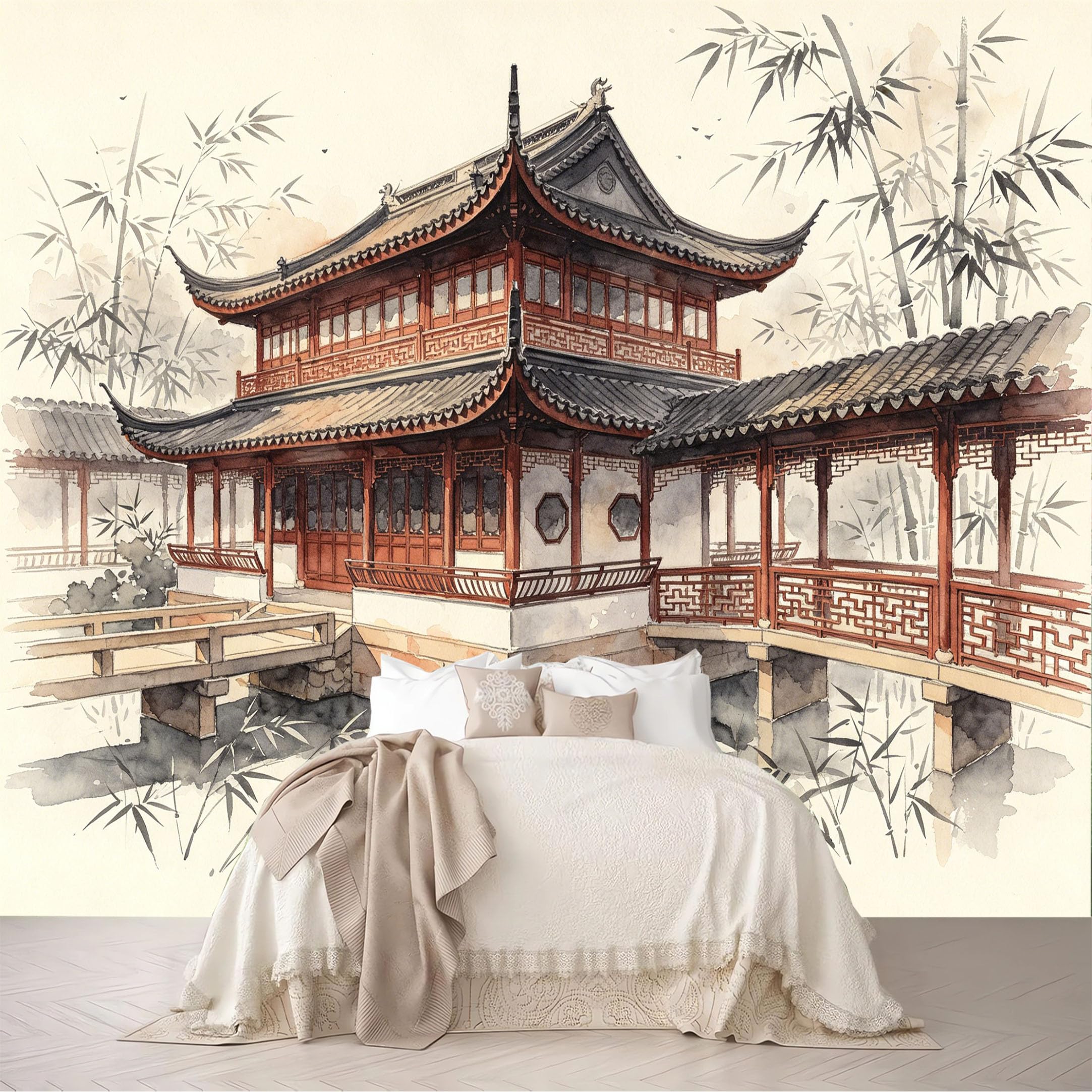 Dskjoviality Ab260706023 Custom Size Wall Mural Chinese Watercolor Ancient Pavilion Bamboo Garden Landscape Removable Self Adhesive Peel And Stick Wallpaper For Bedroom Living Room