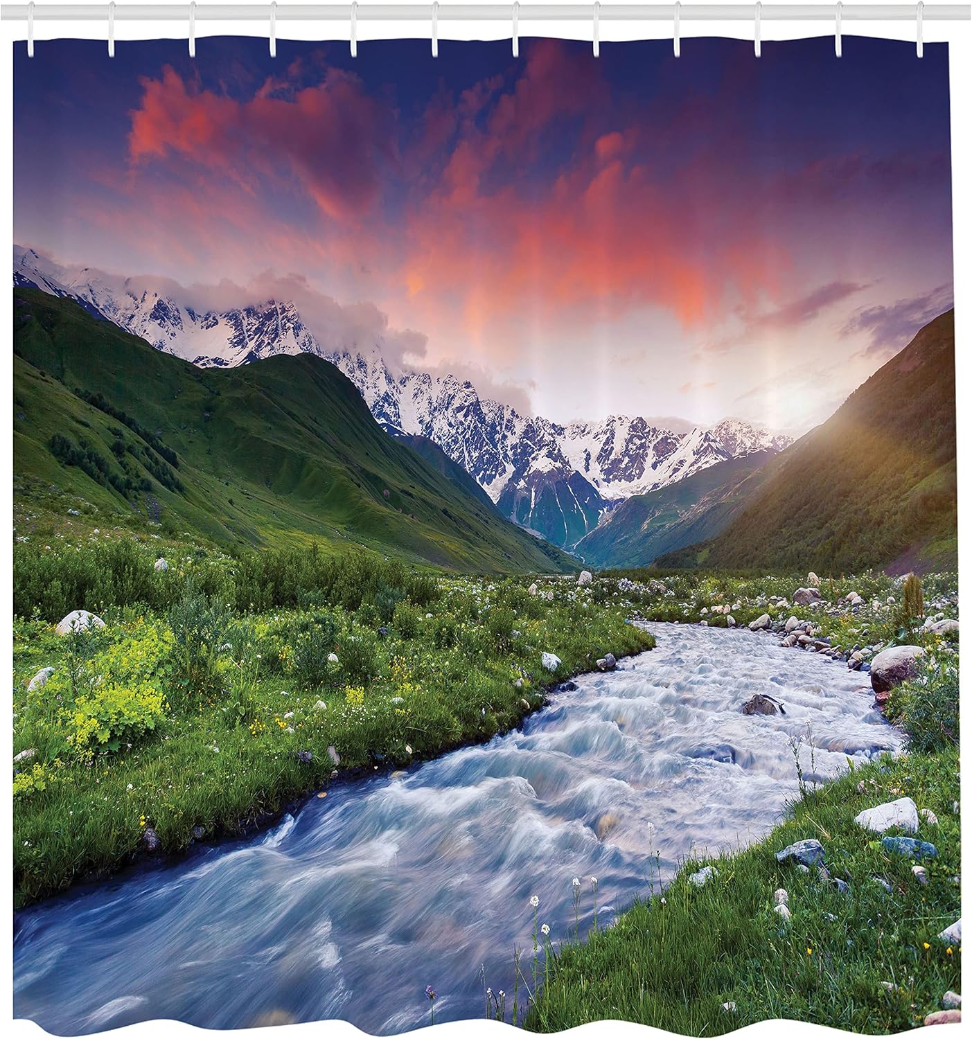 Ambesonne Asian Shower Curtain, Colorful Overcast Sky Skirts Mt. Shkhara Svaneti Georgia Caucasus Mountains, Cloth Fabric Bathroom Decor Set with Hooks, 69" W x 75" L, Green Blue