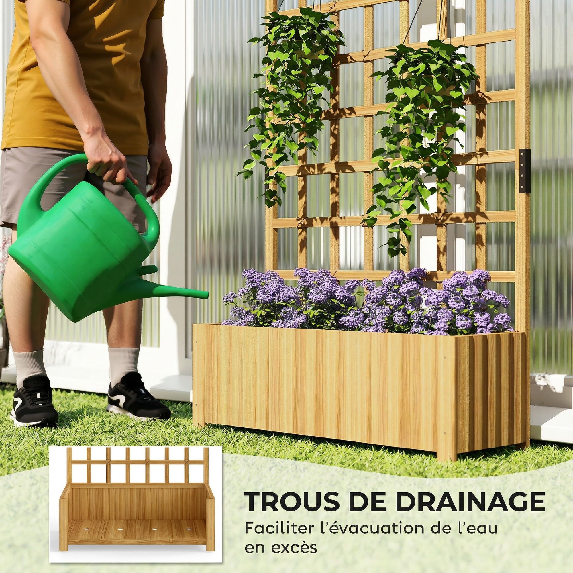 Outsunny Jardinière avec treillis, lit surélevé bac à fleurs pour plantes grimpantes et légumes, bois massif, avec trous de drainage, usage intérieur et extérieur, 90 x 30 x 180 cm, effet bois naturel