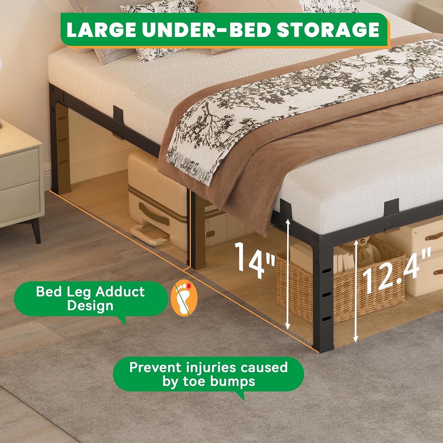 14 Inch Full Size Bed Frames, Heavy Duty Metal Platform 3500 lbs Capacity, No Box Spring Needed, 6 Mattress Slide Stopper, Headboard Holes, Noise-Free, Easy Assembly