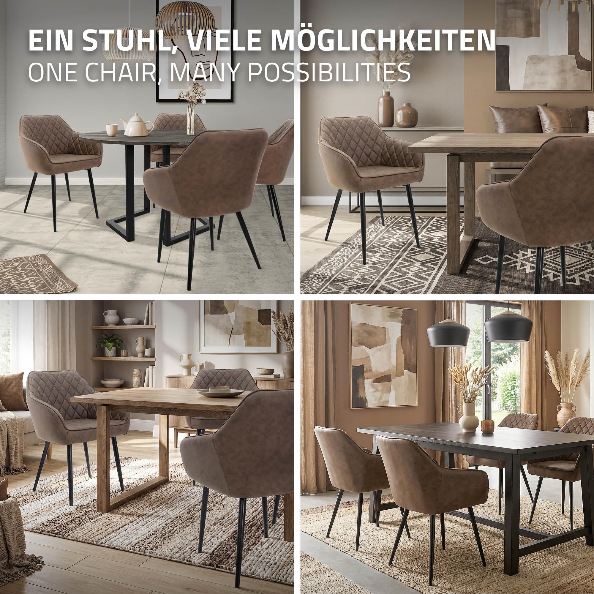 ML-Design Lot de 2 Chaises de Salle à Manger, avec Dossier et Accoudoirs, Marron, Assise en Matériau Synthétique Rembourrée, Pieds en Métal, Chaise de Cuisine Salon Bureau, Matériel de Montage Inclus