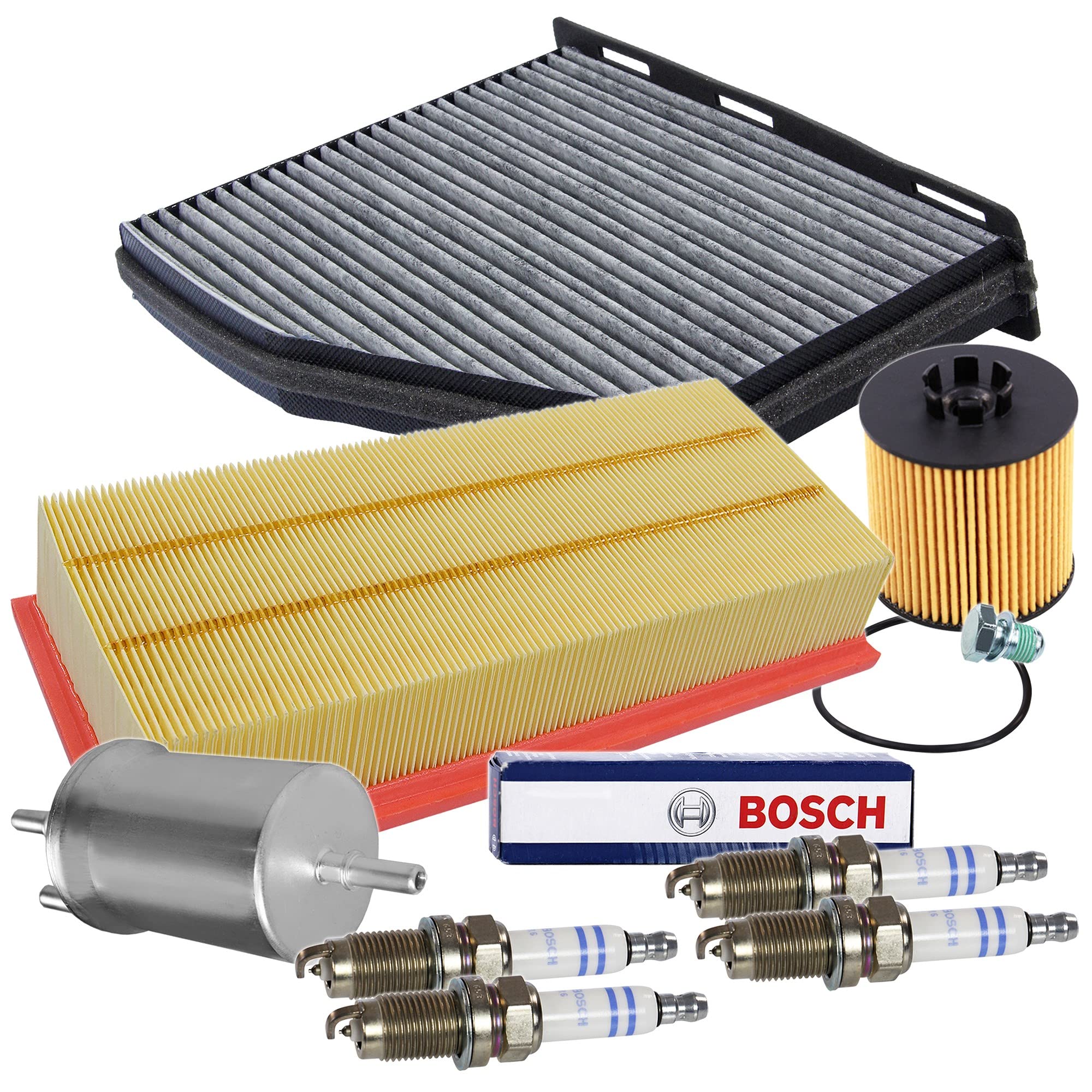 BESTPRICE Paquete de inspección conjunto de filtro con 1x filtro de aceite, 1x filtro de aire, 1x filtro de habitáculo con carbón activado, 1x filtro de combustible, 4x bujía de doble platino FR6HI332