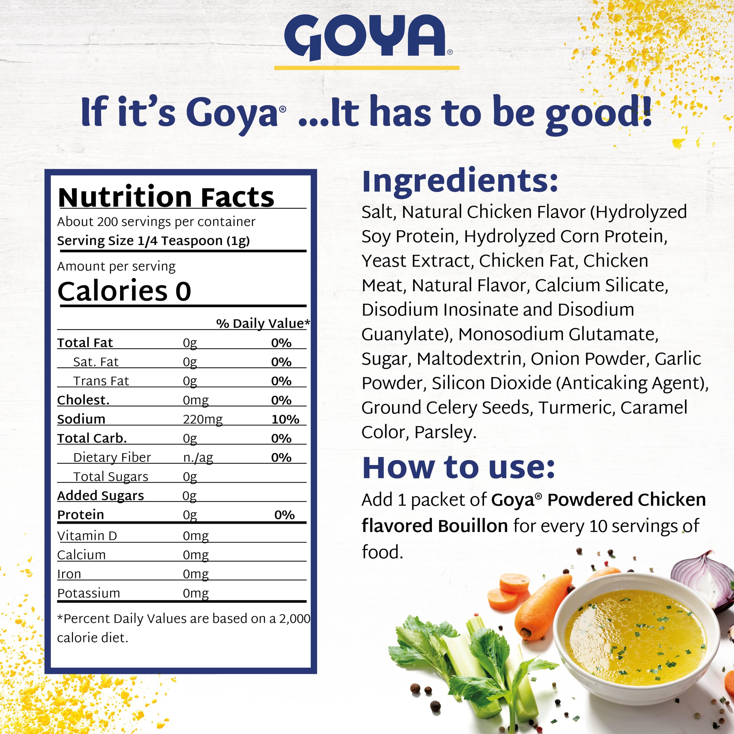 Goya Chicken Bouillon Powder Packets, 7.05 oz (2-Pack), Instant Broth and Seasoning for Soups, Stews, Rice, and Gravy, Bold, Latin-Inspired Flavor