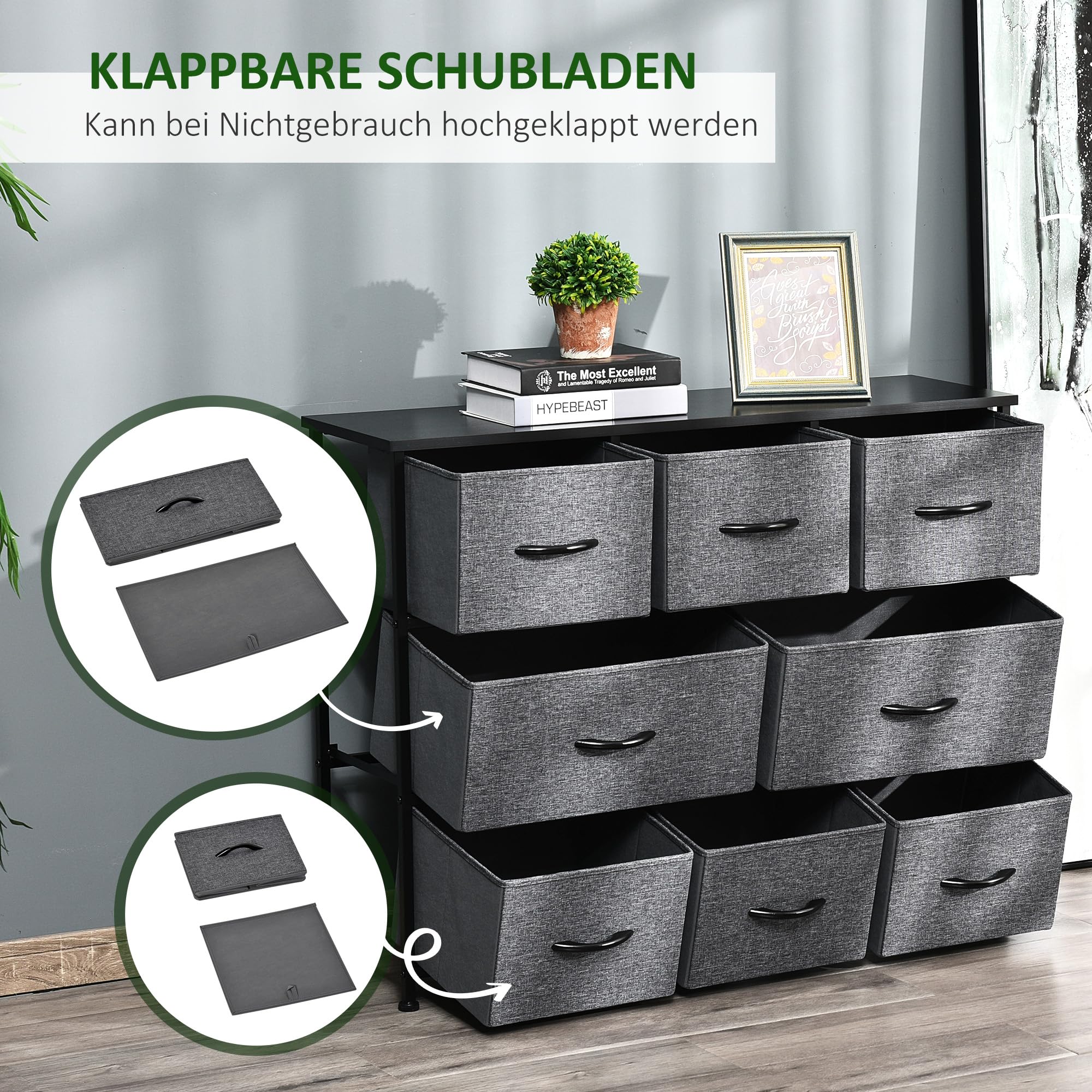 HOMCOM Komoda z 8 szufladami z materiału, szafka do przechowywania, szafka na komodę z uchwytami, metalowy stelaż, nowoczesny design, szafka do sypialni, salonu, ciemnoszara