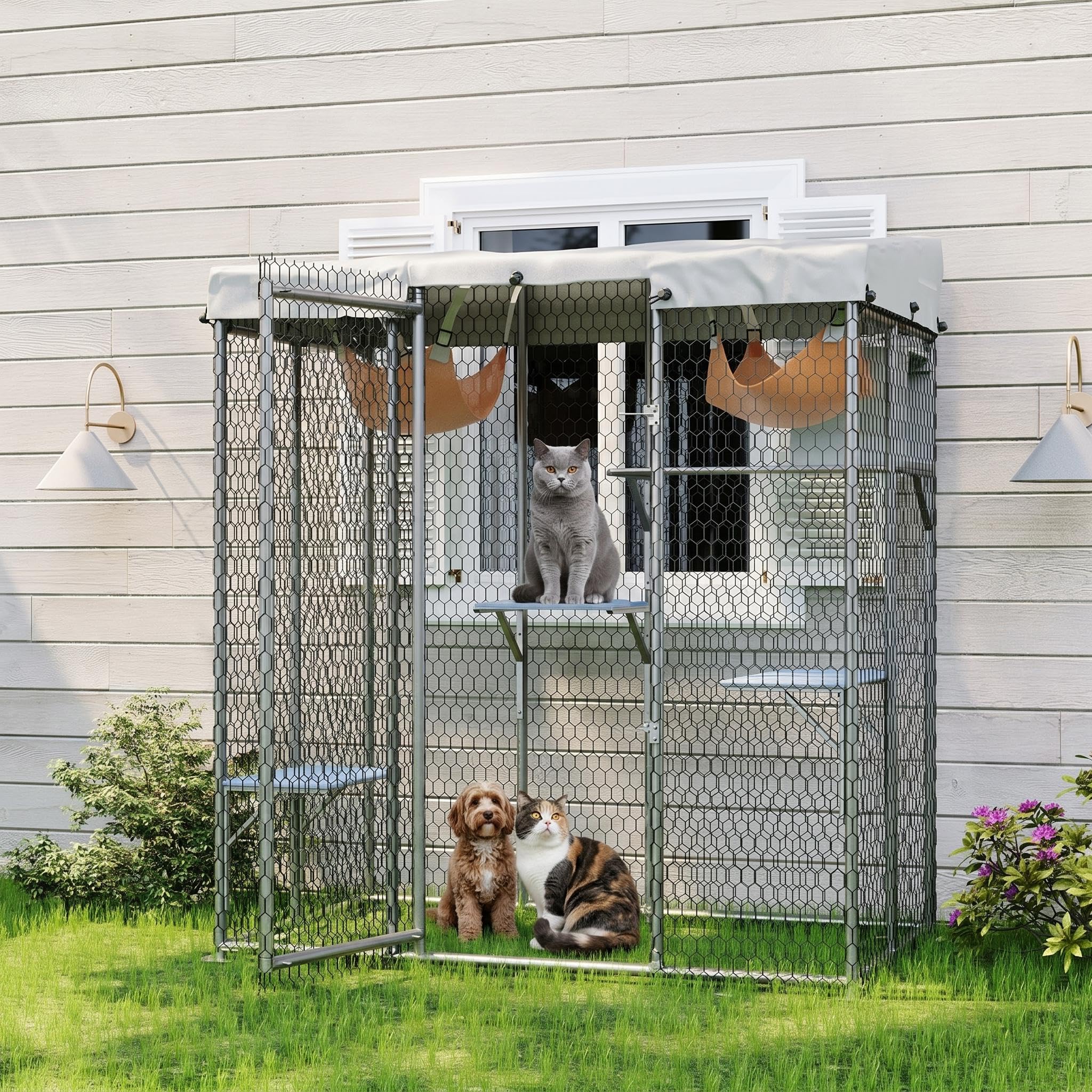 GarveeLife Large Outdoor Catio Enclosure 200 x 193 x 127 cm – Upgraded Cat Cage with 4 Platforms & 2 Hammocks, Galvanised Steel Frame & Plastic-Coated Wire Mesh – Outside Cat Condo