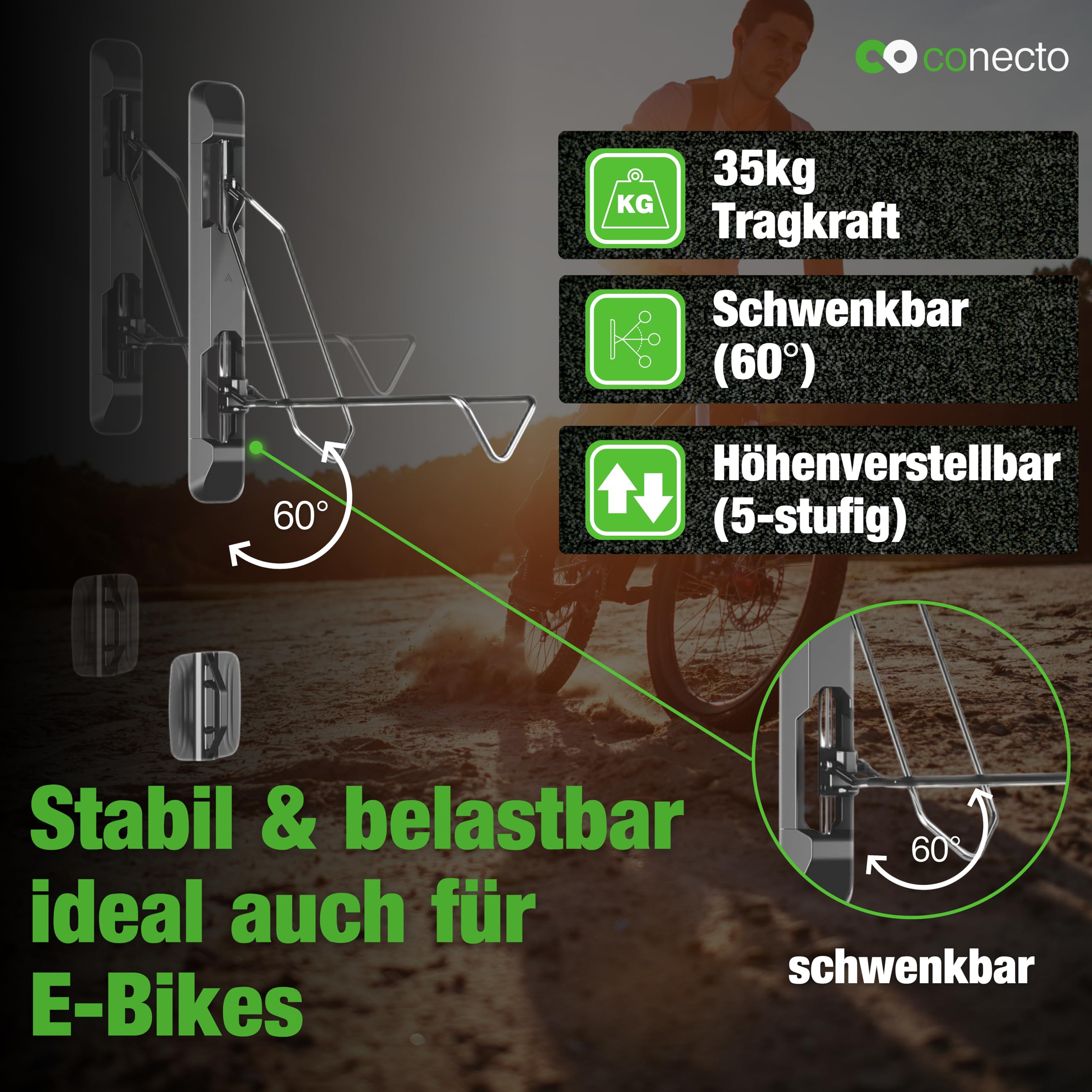 conecto Fahrrad Wandhalterung, Fahrradhalterung, Fahrradhalter, schwenkbar, höhenverstellbar für MTB, E-Bike bis 35 kg, Fahrradwandhalterung, Fahrrad Aufhängung Keller Garage Wand, Schwarz