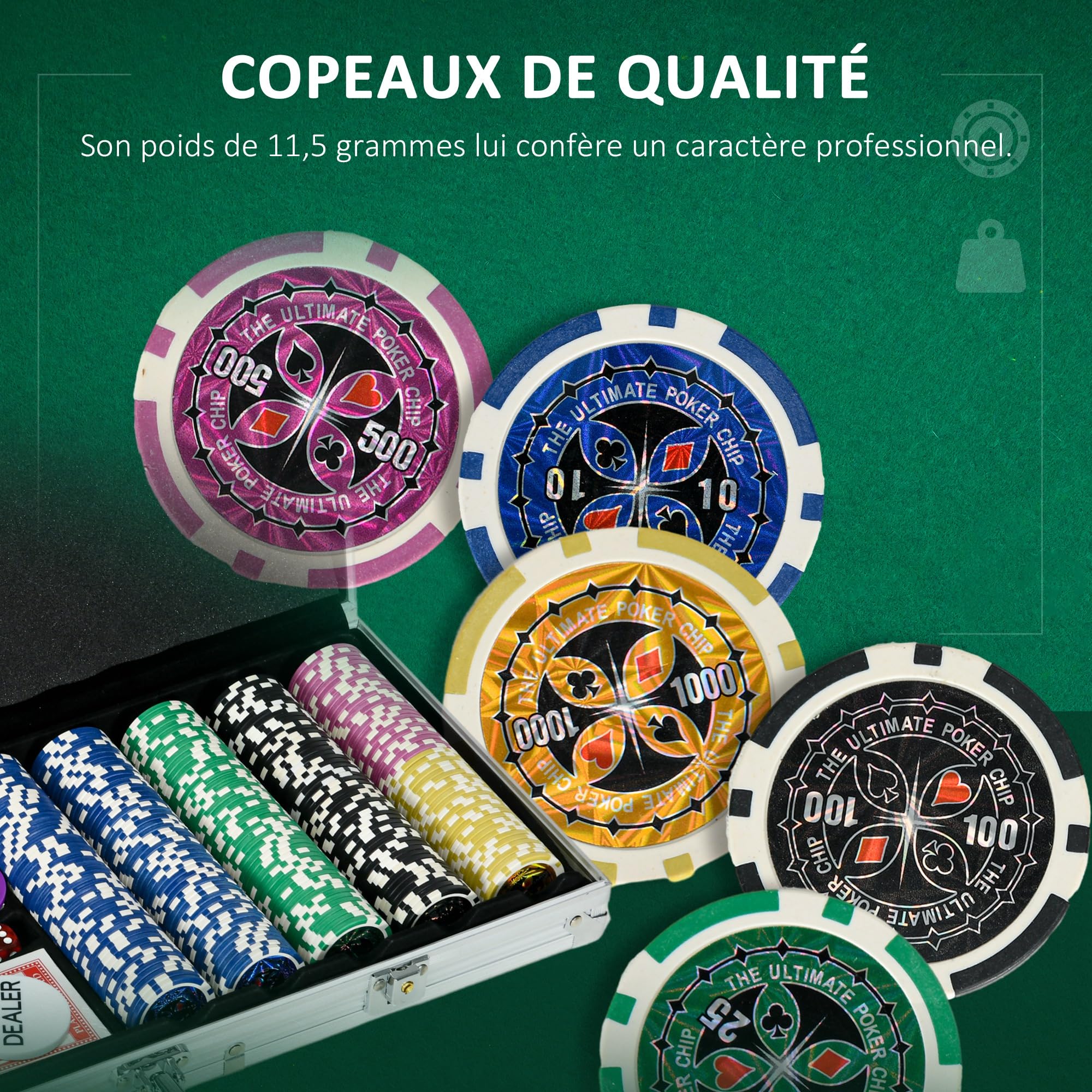 SPORTNOW Mallette de Poker Coffret de Poker Complet, verrouillable, avec 500 jetons 5 dés 2 Jeux de Cartes 3 Boutons 1 Tapis en Feutre + 2 clés Aluminium