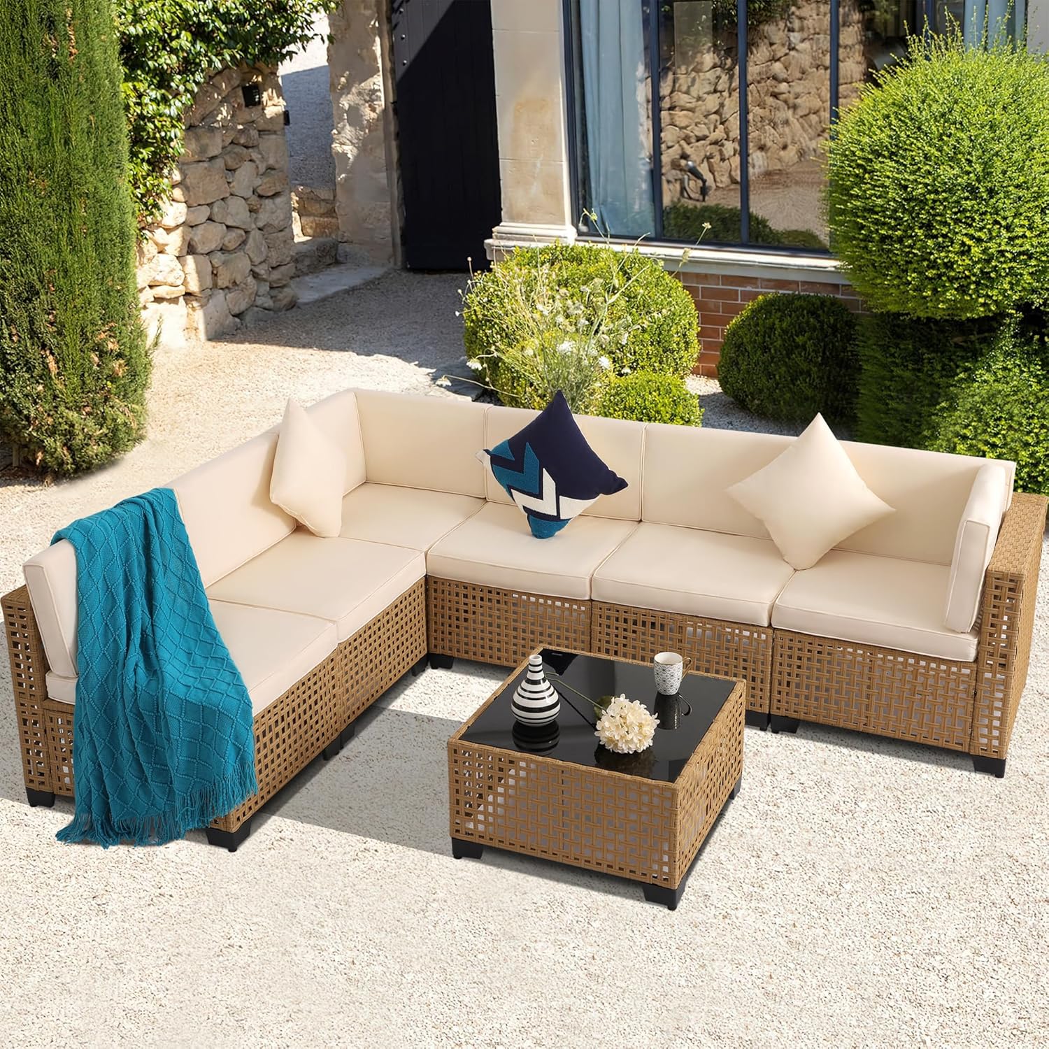 KIGOTY 7-Piece Patio Furniture Set, All-Weather PE Rattan Outdoor Sectional Sofa, Modular Wicker Conversation Set with Thick Cushions & Easy-Clean Coffee Table（Yellow/White）