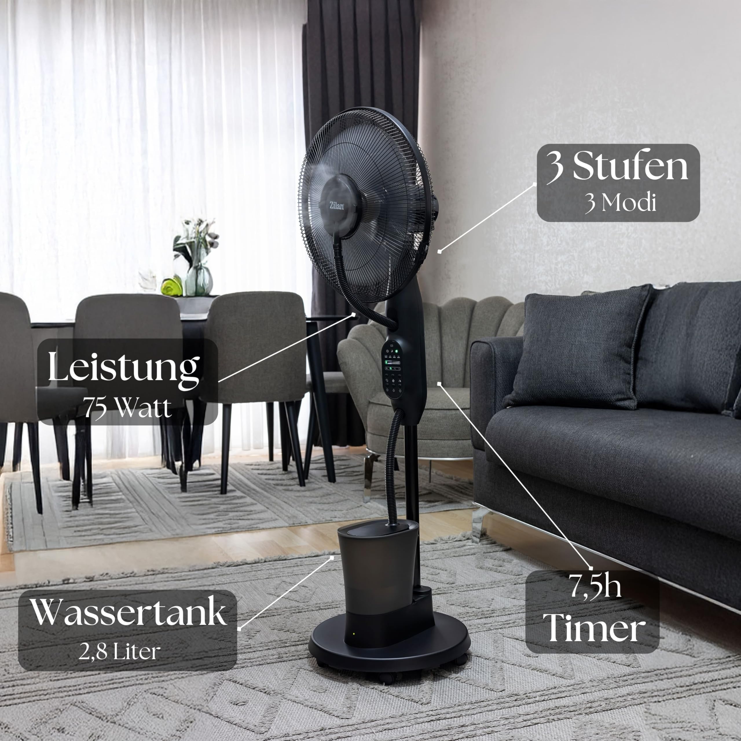 3in1 Standventilator mit Wasserkühlung sehr leise - Mobile Klimaanlage ohne Abluftschlauch -Verdunstungskühler Aircooler Turmventilator mit Fernbedienung Luftreiniger Timer Tower Fan (Vader Black)