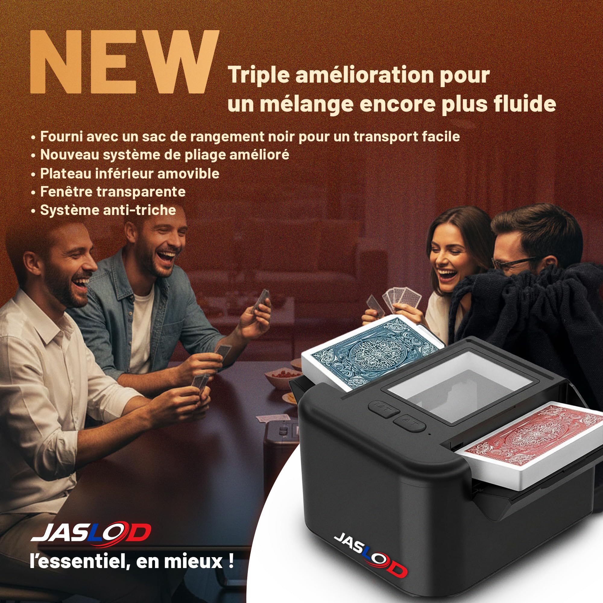 Mélangeur de Cartes Automatique Électronique, Rechargeable USB Distributeur de Carte Compatible UNO Poker Skyjo Jeu de Société Sac de Rangement Inclus Silencieux et Rapide, Mode Auto et Manuel