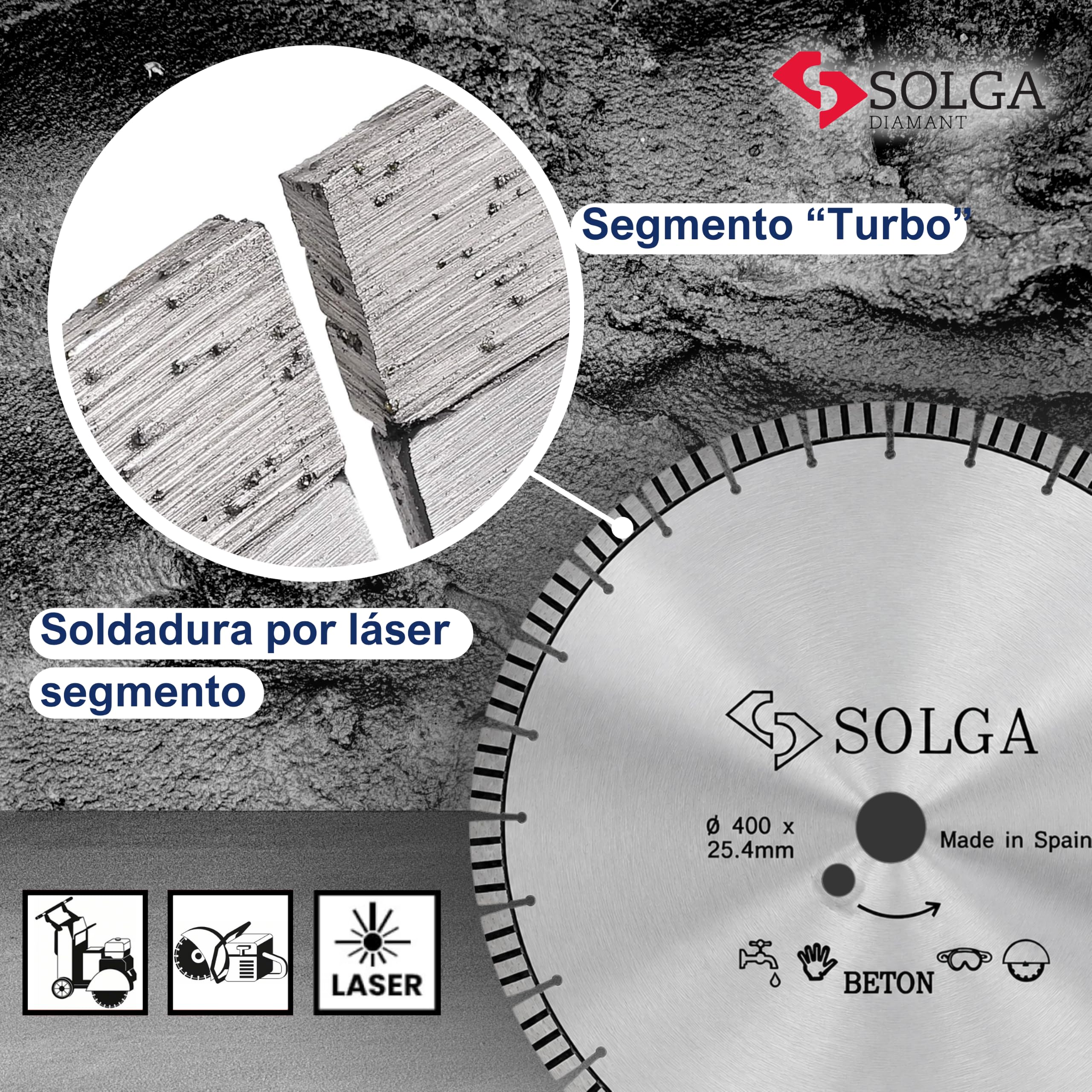 SOLGA Disco de corte Diamant Turbo de 400 mm, hormigón, piedra, hormigón armado, ladrillo, granito, asfalto, amoladora angular (gasolina/eléctrica), larga vida útil, orificio de 25,4 mm