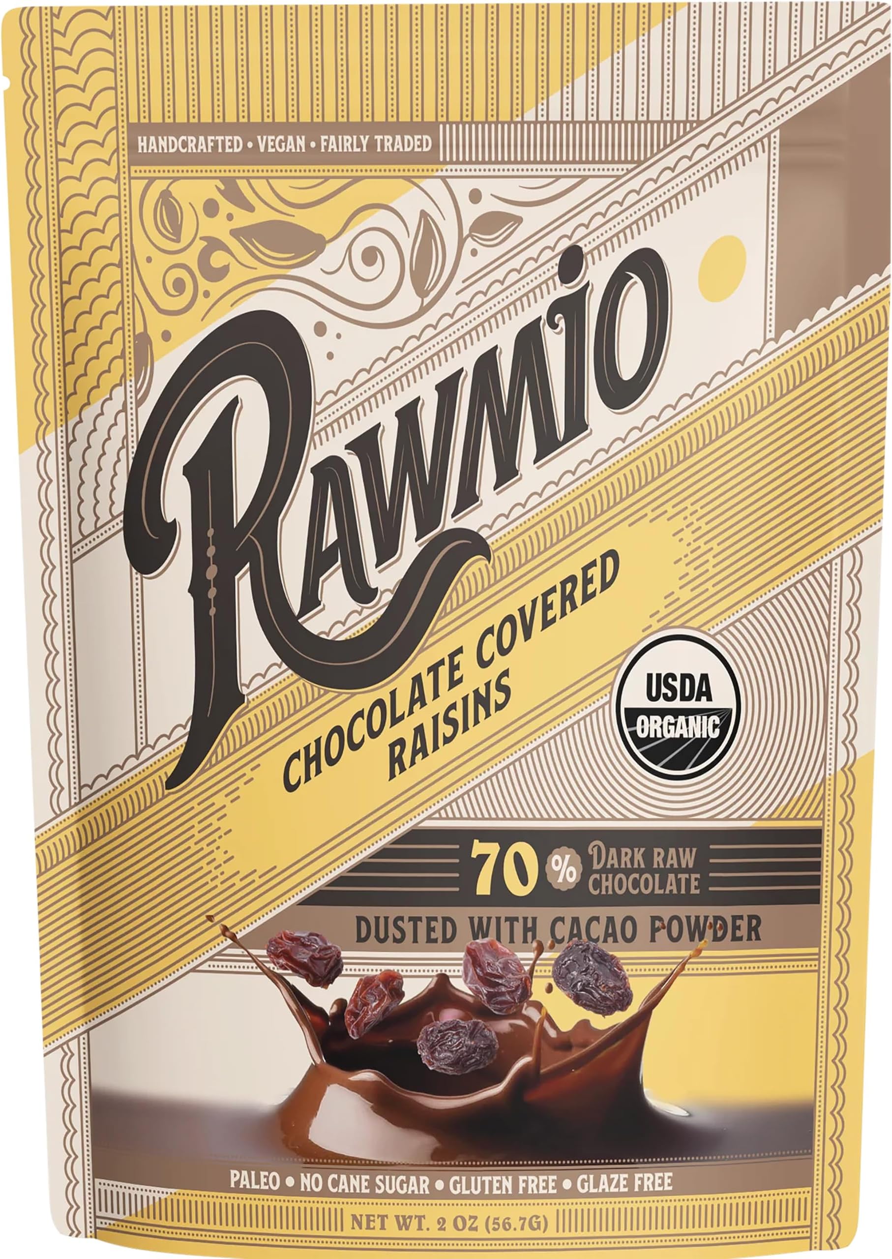 Rawmio Chocolate Covered Raisins - Organic, Raw, Vegan, 70% Dark Chocolate, 3 Packs, 2 oz.