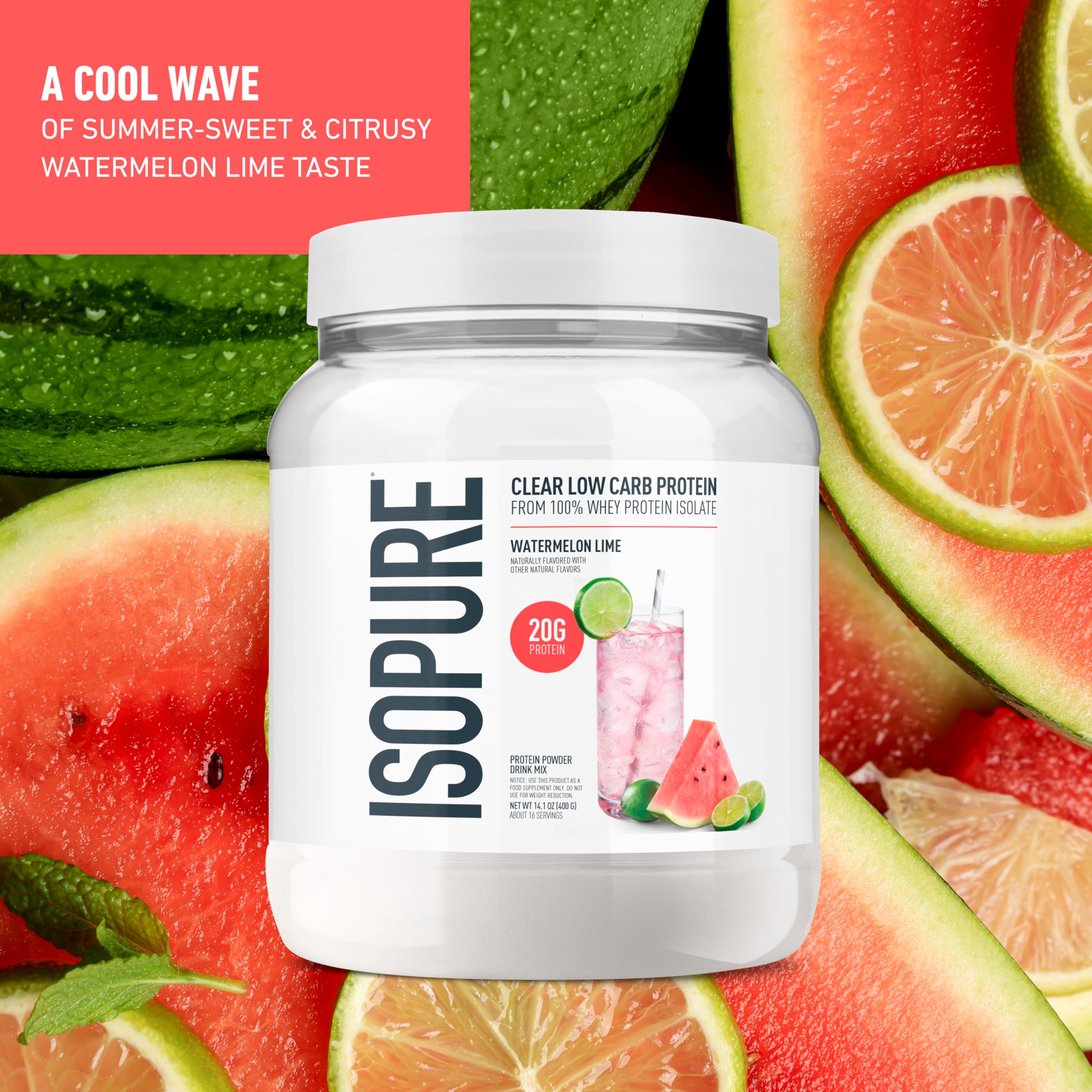 Isopure Clear Whey Isolate Protein Powder, Lactose Free, Gluten Free, Naturally Flavored, Watermelon Lime, 20g Protein Per Serving, 14.1 Oz, 16 Servings (Packaging May Vary)