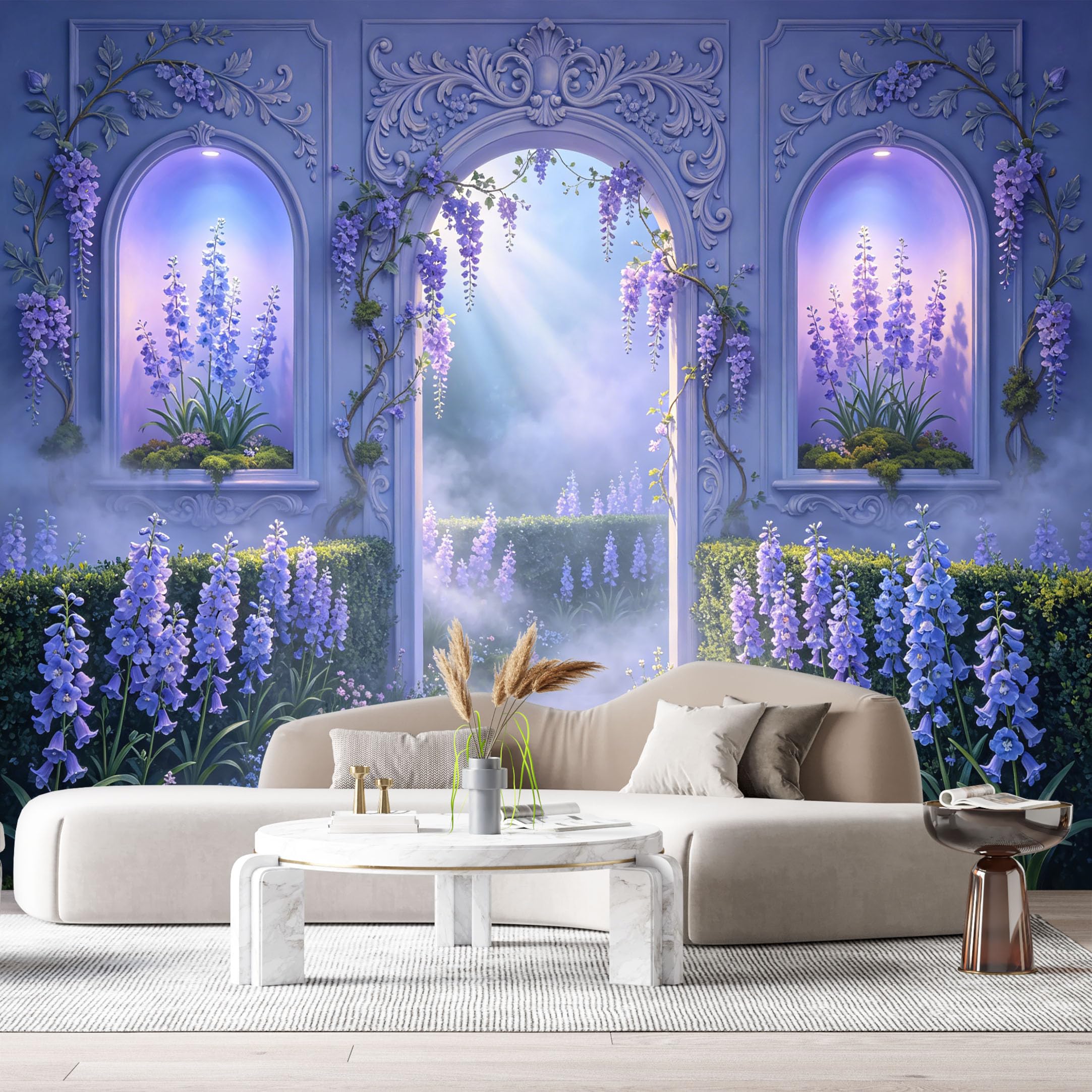 Custom Size Wall Murals Fantasy Garden Archway Purple Flowers Wisteria Mist 3D Trompe L'Oeil SelfAdhesiveWall Fabric Removable Wallpaper Wall Decor for Living Room Bedroom Bathroom