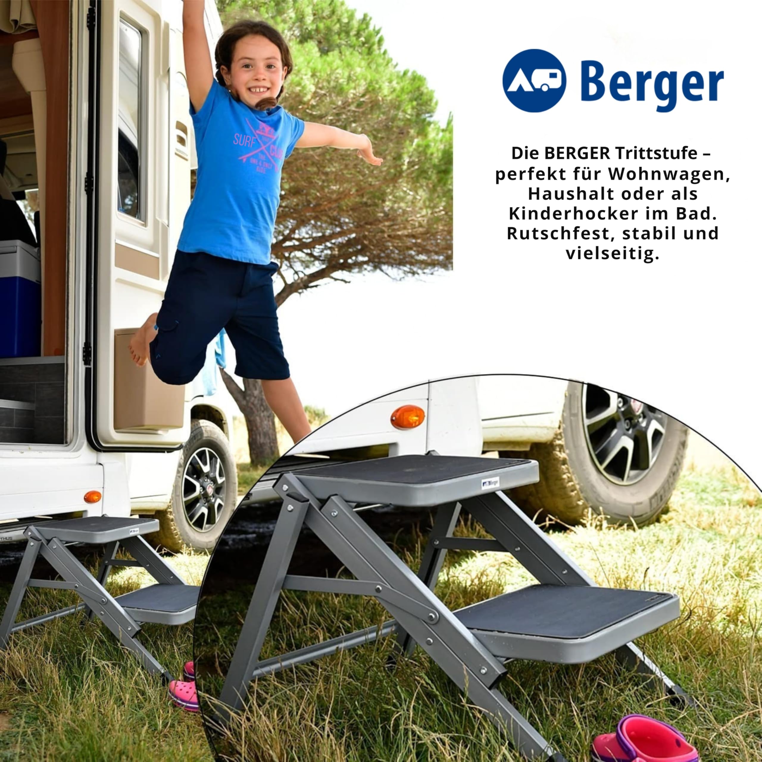 Berger | Marche-Pied Pliable Double pour Camping Car | Escabeau Anti-Derapant | Accès Caravane, Garage, Bateau, Intérieur | Tabouret en Acier jusqu'à 130 kg | Escalier pour Caravane, Camping Car