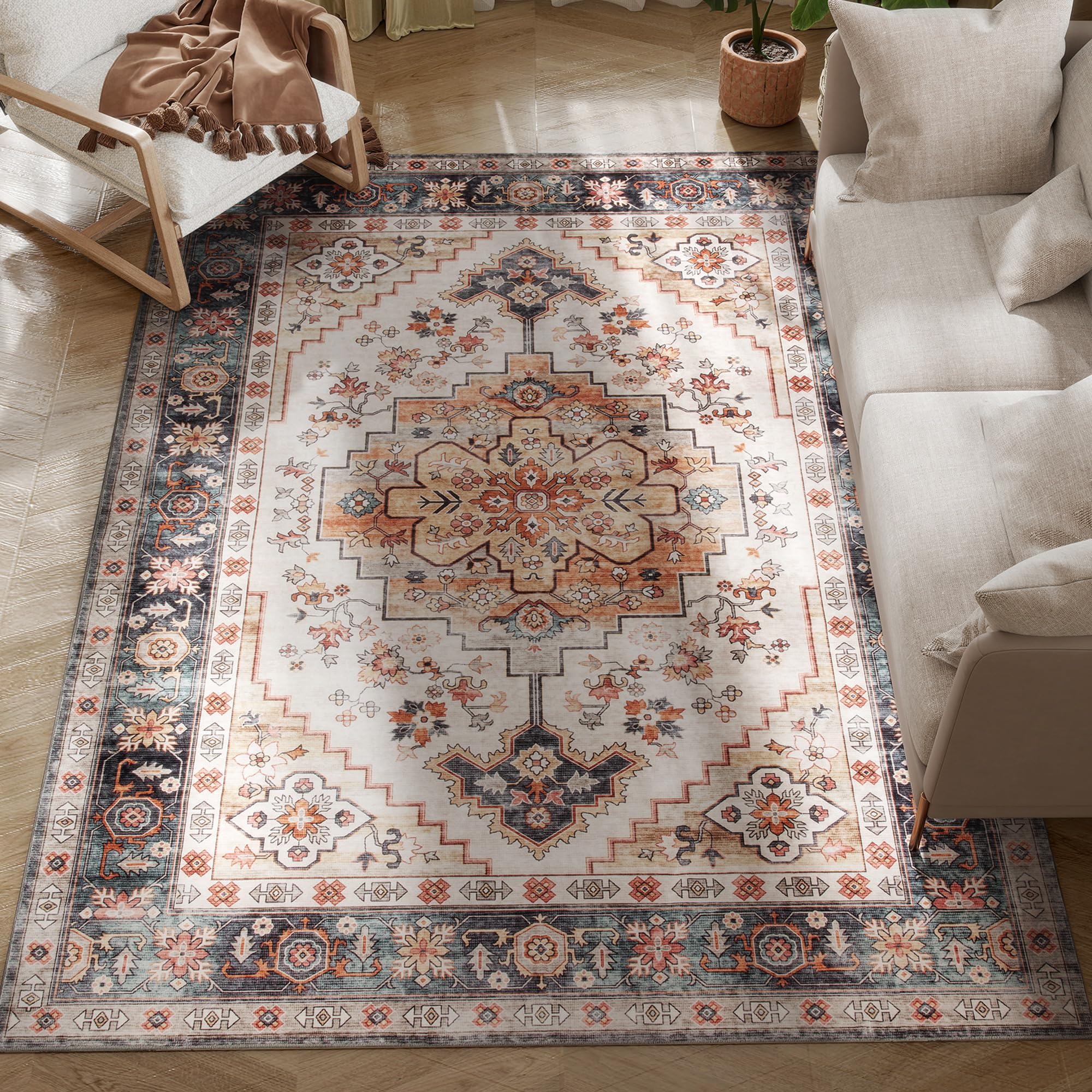 HOMCOM Tappeto Stile Bohemien Antiscivolo e Lavabile 230x160 cm Marrone | Tappeto per Salotto e Camera da Letto, Pelo Corto