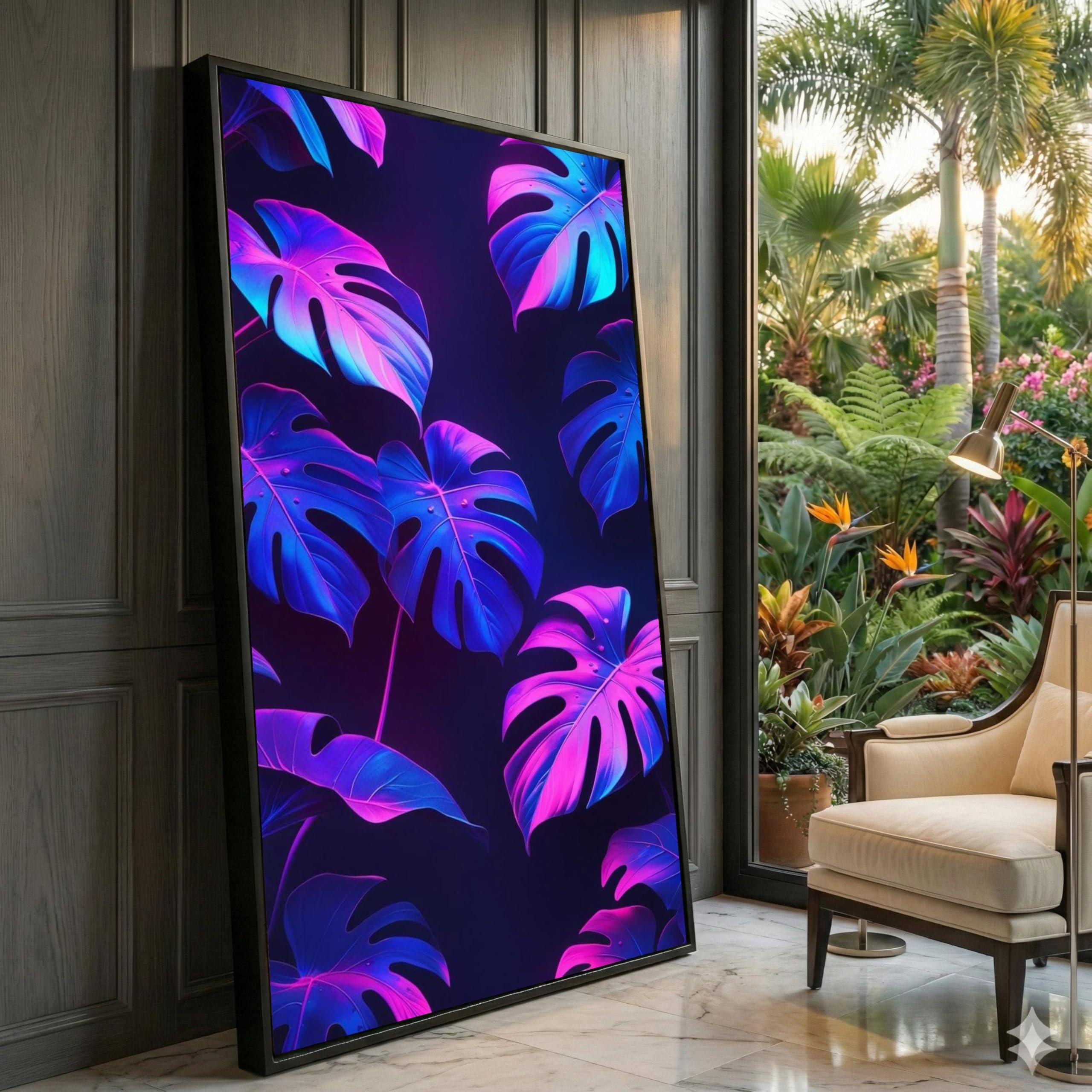 XINBAO Neon Monstera Leaves Canvas Wall Art, Tropical Leaf Decor, Botanical Canvas, Blue Purple Jungle Print, Home Wall Decor(80x150cm/Frameless)