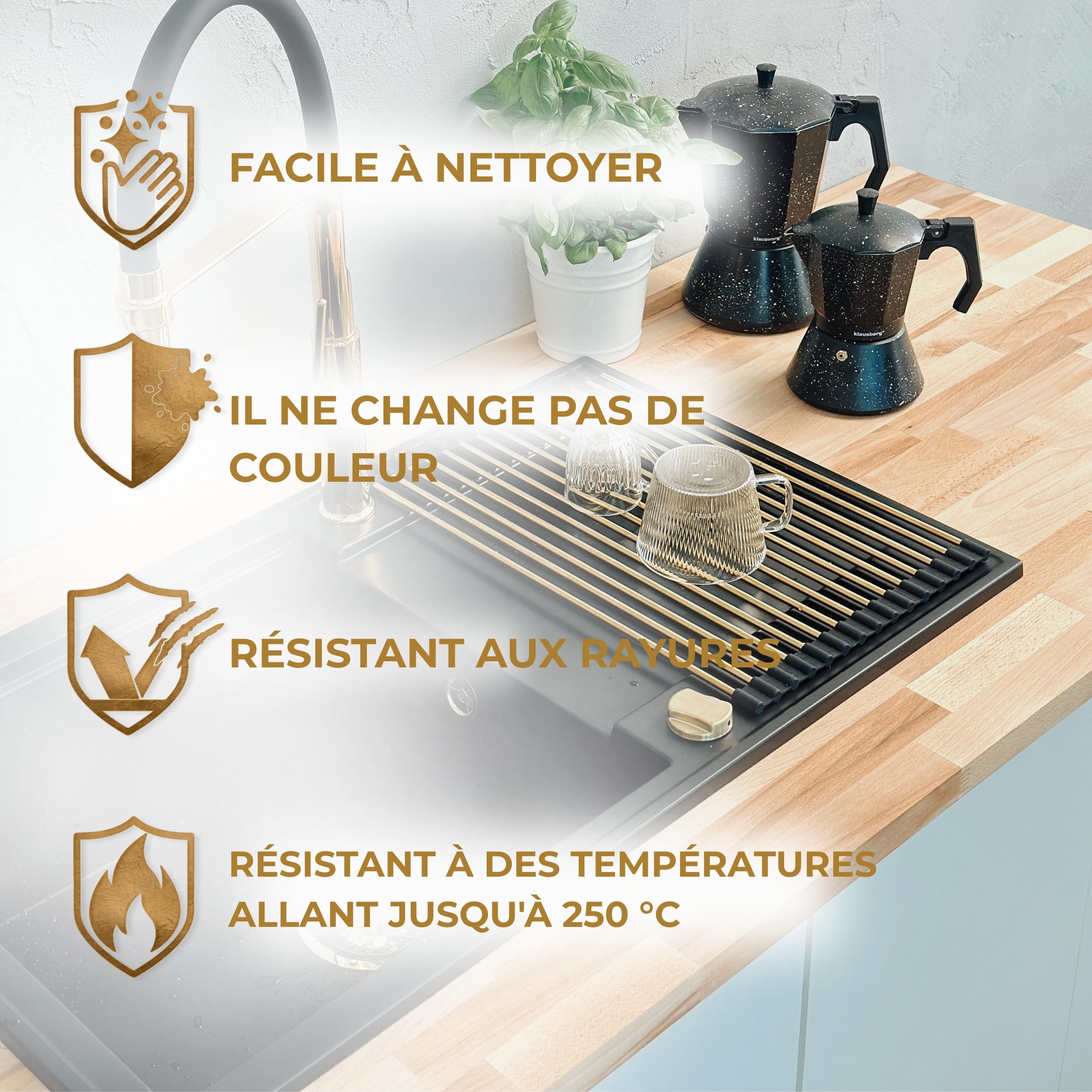 SINK QUALITY Évier en granit noir avec taches dorées 56 x 51 cm – Évier avec siphon doré et agent imperméabilisant – Évier pour armoires inférieures à partir de 60 cm de largeur – Lavabo pour cuisine
