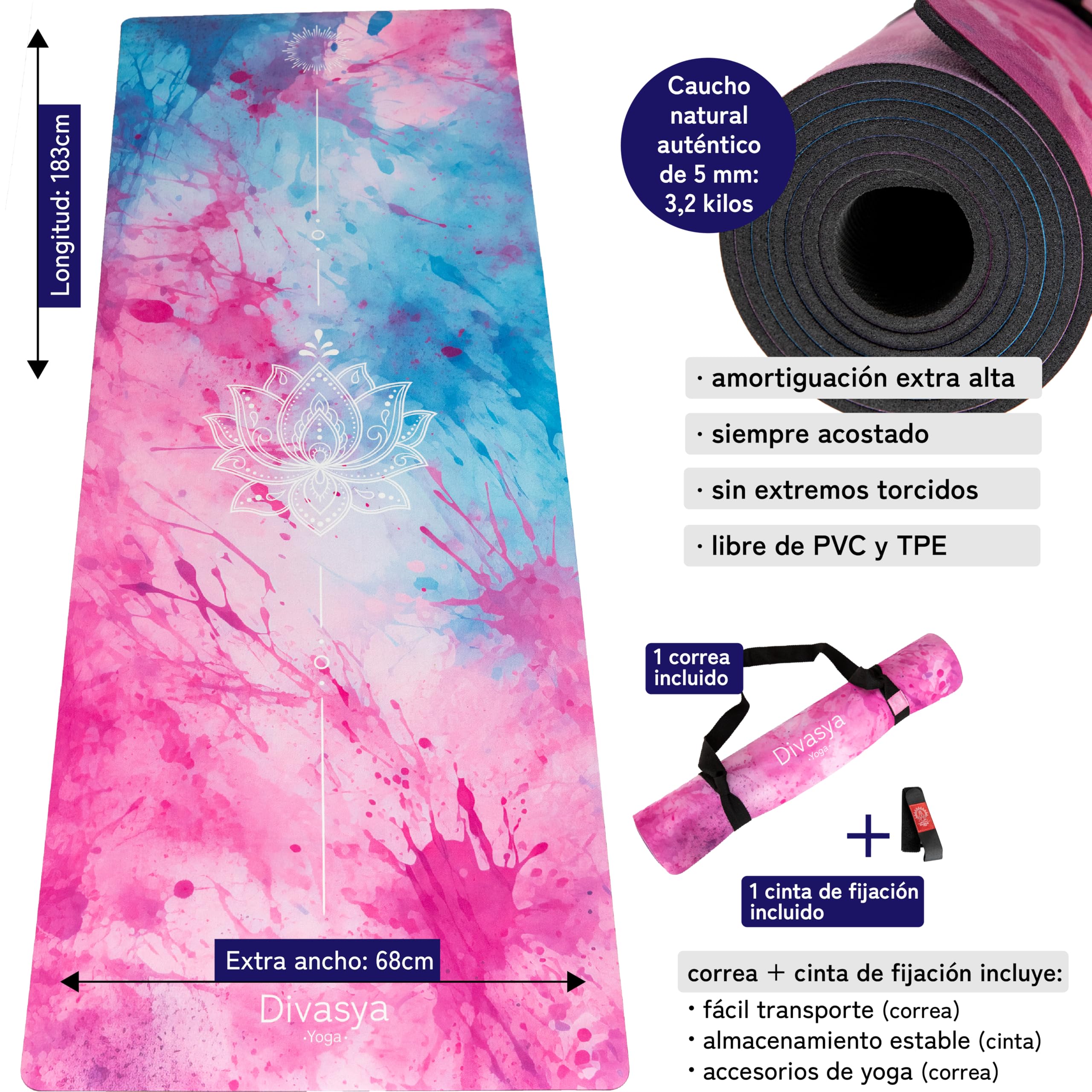 Esterilla de yoga sostenible y antideslizante: caucho natural antideslizante y superficie de microfibra absorbente, extra ancha y gruesa 183 x 68 x 0,5 cm, correa de transporte