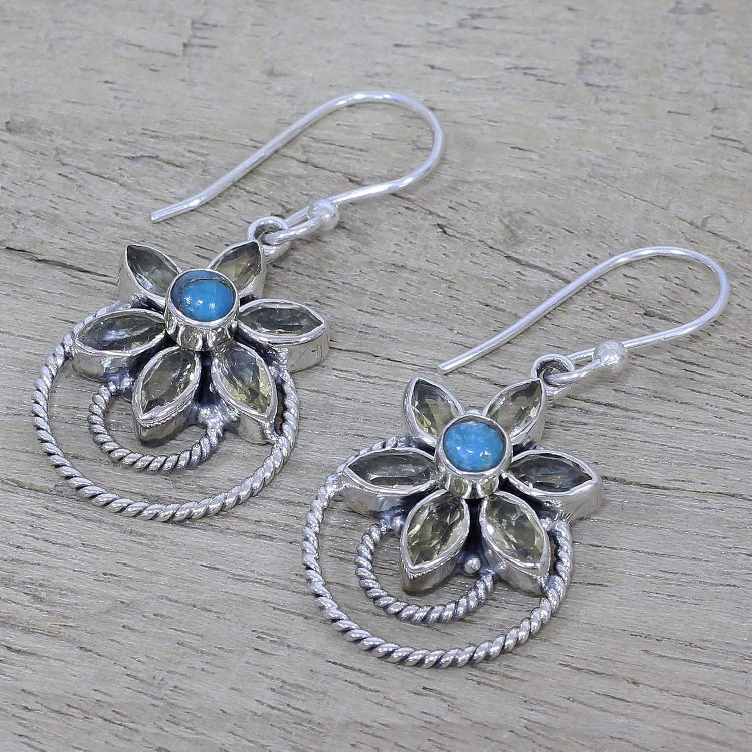 NOVICA Artisan Citrine Dangle Earrings and Composite Turquoise from India Sterling Silver Reconstituted Yellow Blue Floral Birthstone [1.6 in L x 0.7 in W x 0.4 in D] ' Golden Lilies'