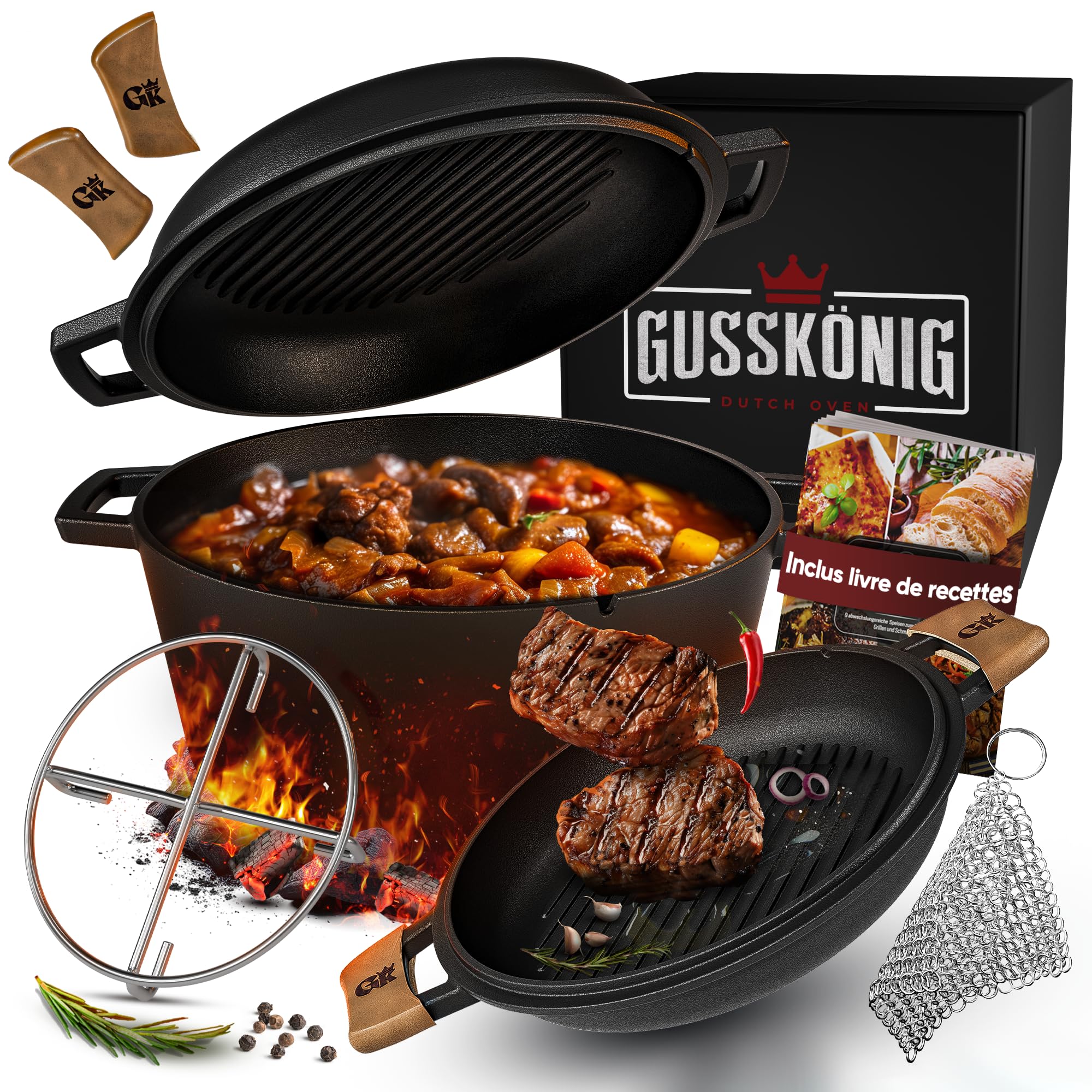 GUSSKÖNIG Dutch Oven 2-en-1 (4,8 L) avec poêle (1,8 L) en matériau robuste – Cocotte Norvégienne avec accessoires et livre de recettes – Idéal BBQ, camping, cuisine.