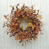 Vista 3 de Artificial Fall Wreath for Front Door Autumn Wreath with Bright Oak Leaves,Small Pumpkin,Berry Branches,Mixed Leaves for Farmhouse Indoor Outdoor