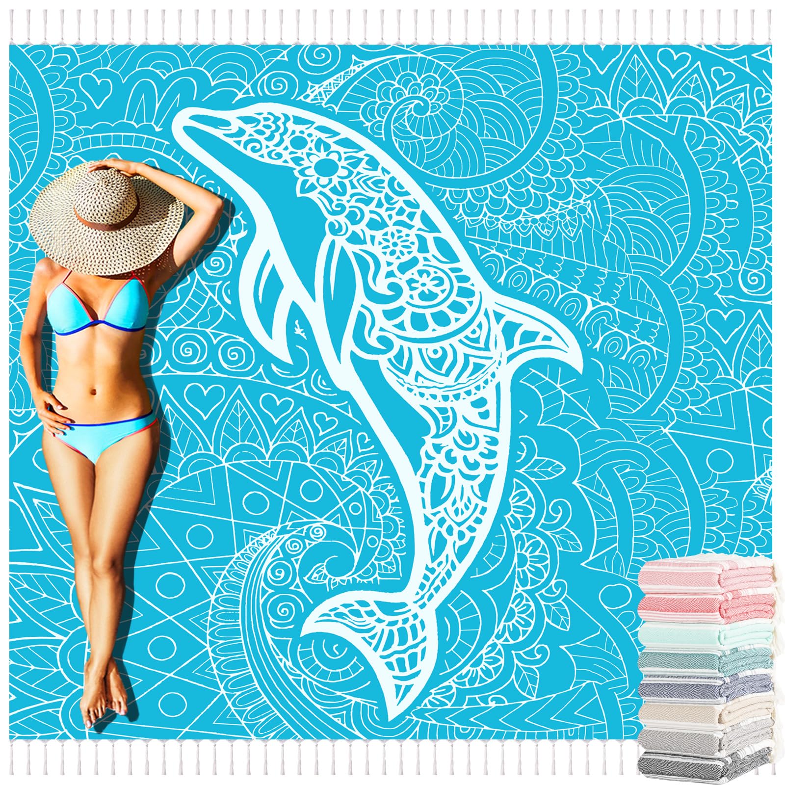 Yongoes Turkish Beach Towel Blanket Oversized 71x79 Blue Teal Dolphin