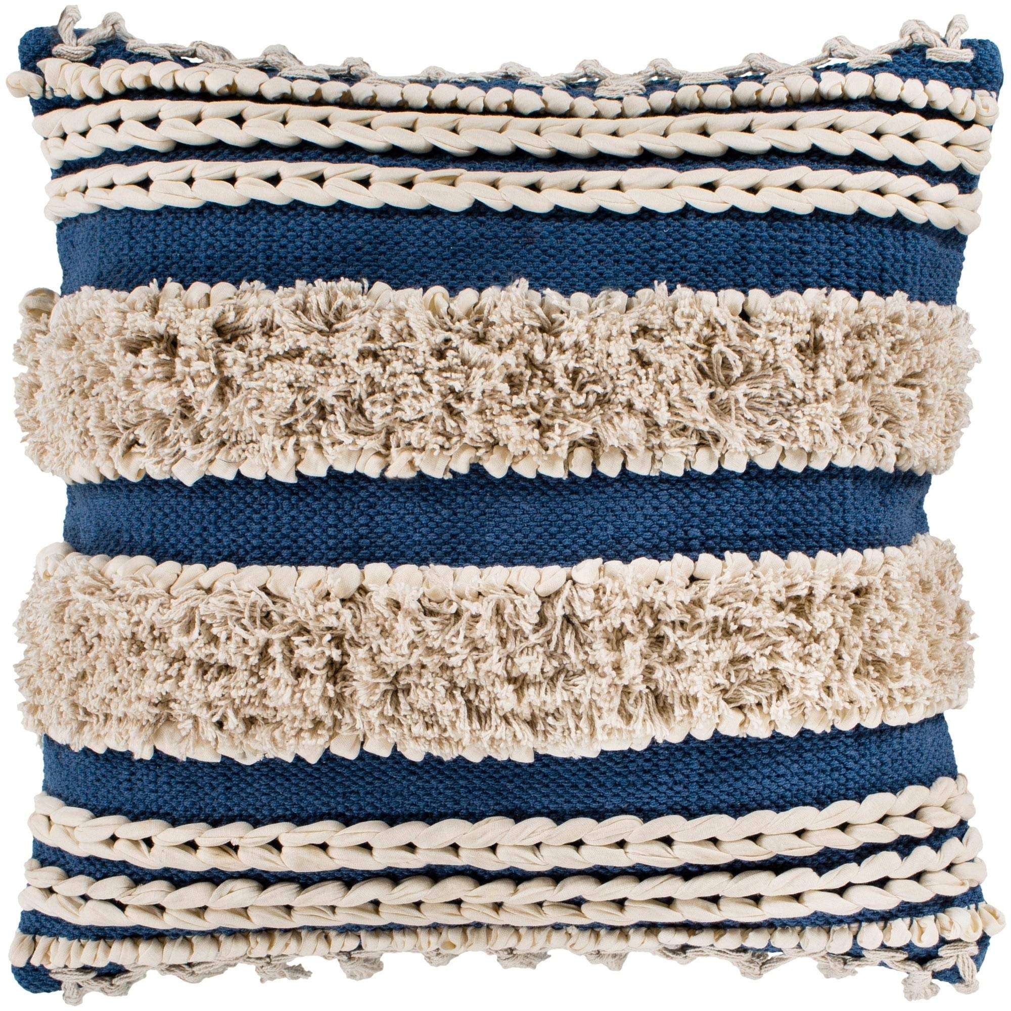 Navy Bohemian Braided Shag Throw Pillow Cover (22" X 22") Blue Cream Stripe Eclectic Cotton One Removable