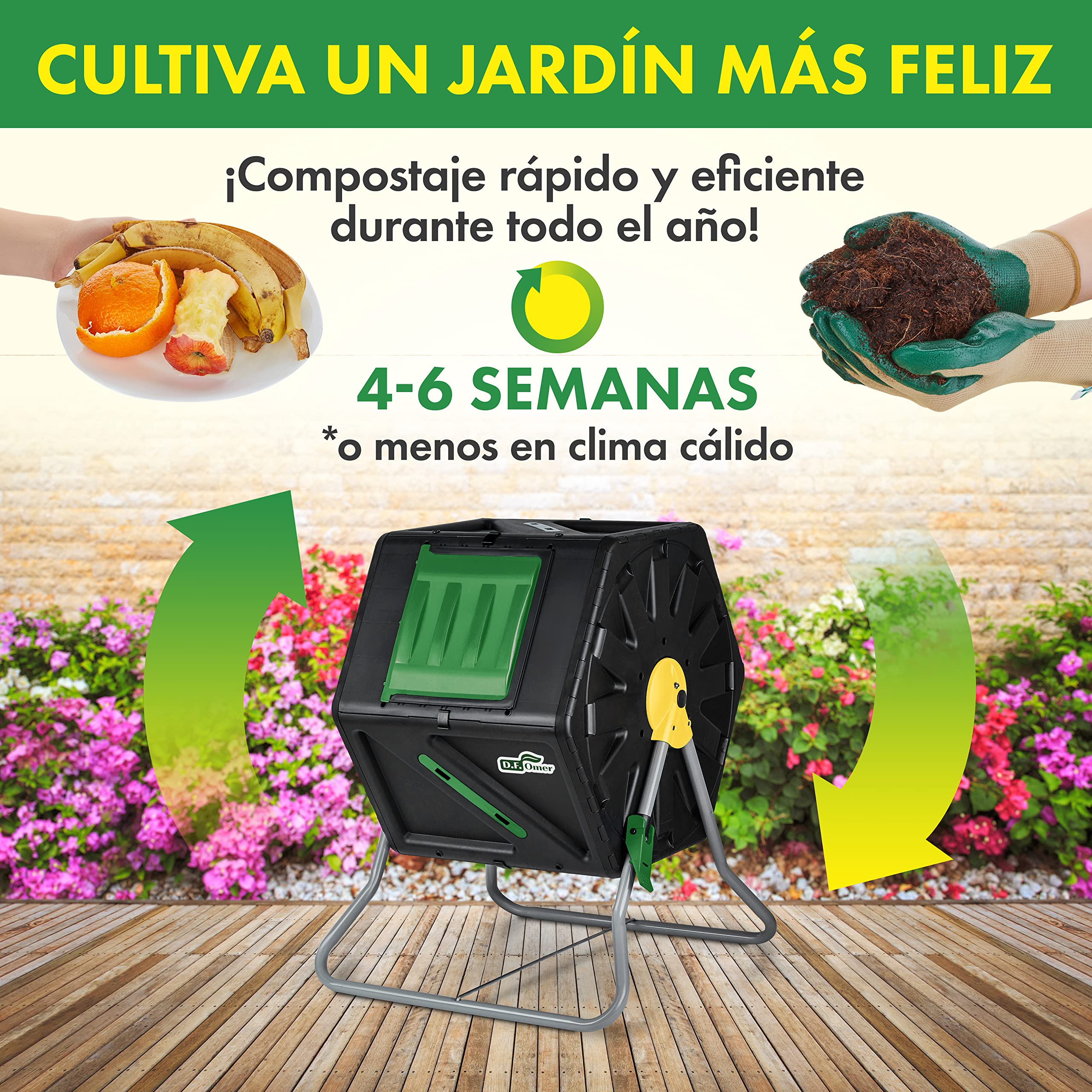 DF OMER Contenedor De Compostaje De Una Cámara para Jardín Al Aire Libre - Diseño Compacto Capacidad De 105L - Compostador De Barril con Tambor Rodante Resistente