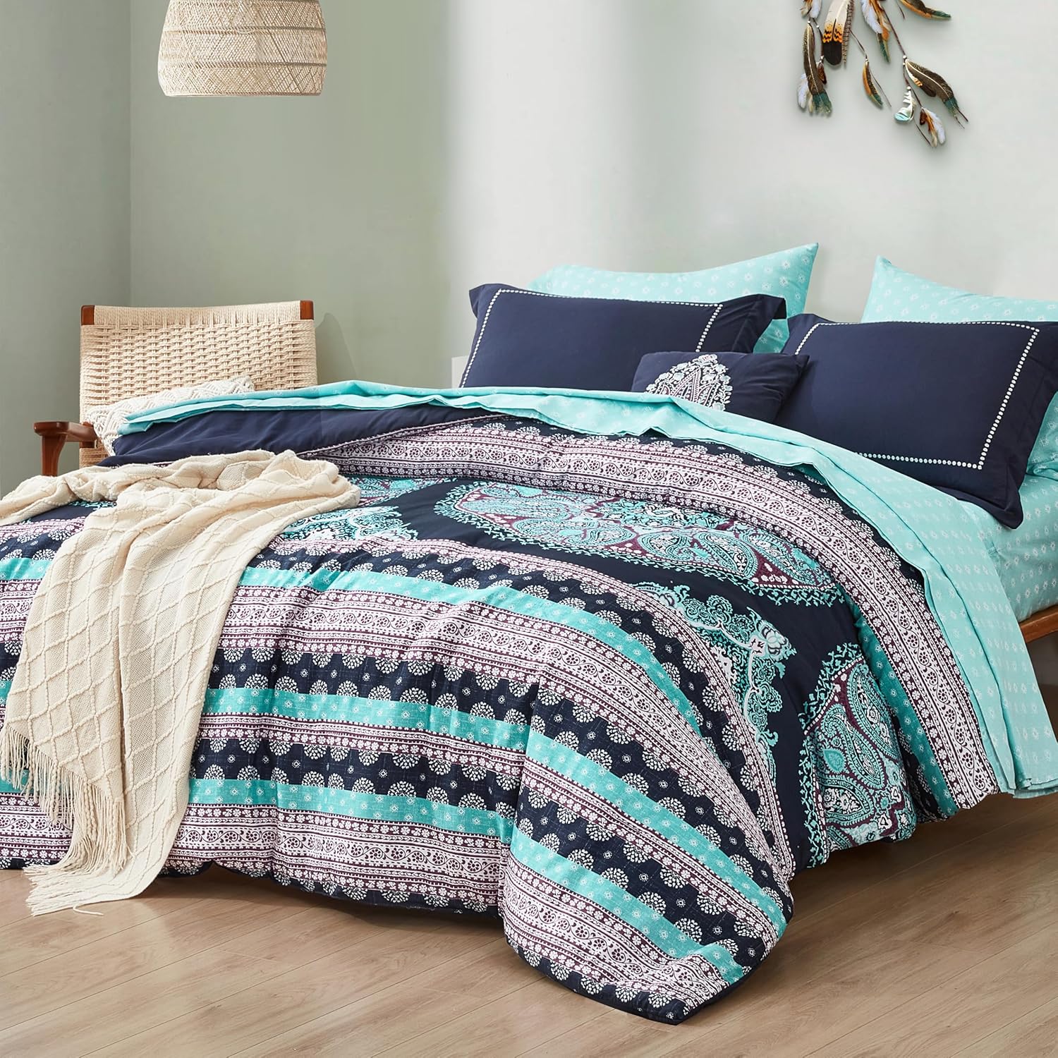 Degrees of Comfort Teen Twin Complete Comforter Sets for Girls, Boho Medallion Tween Bed in A Bag 6 Piece, Blue Microfiber Bedding Set with Sheets, Matching Decorative Pillow