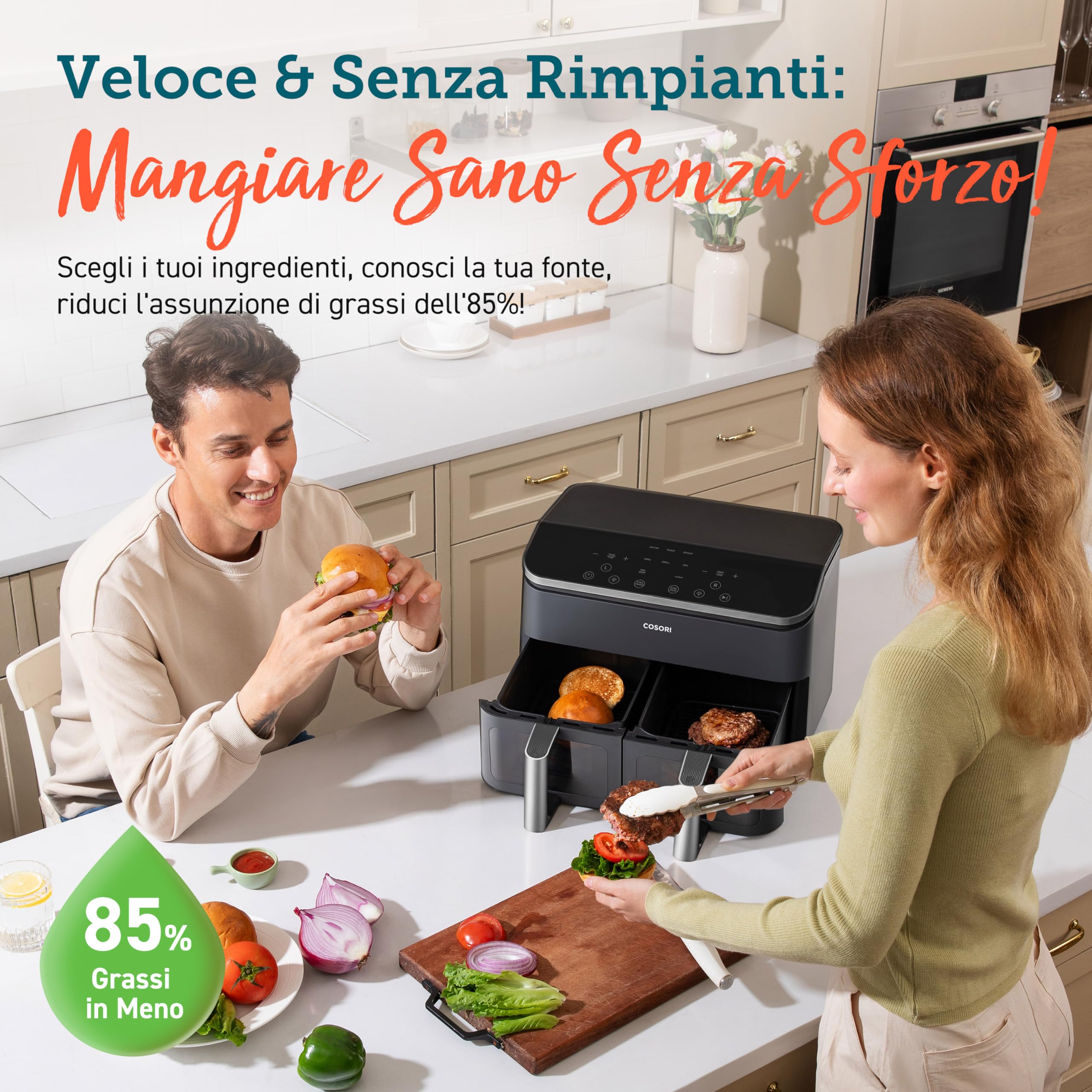COSORI Friggitrice ad Aria Doppio Cestello Digitale, 8,5L Grande Capacità, Funzione 8 in 1, 35-230°C, Finestra,con Ricette Online, CAF-R901, Nero Profondo