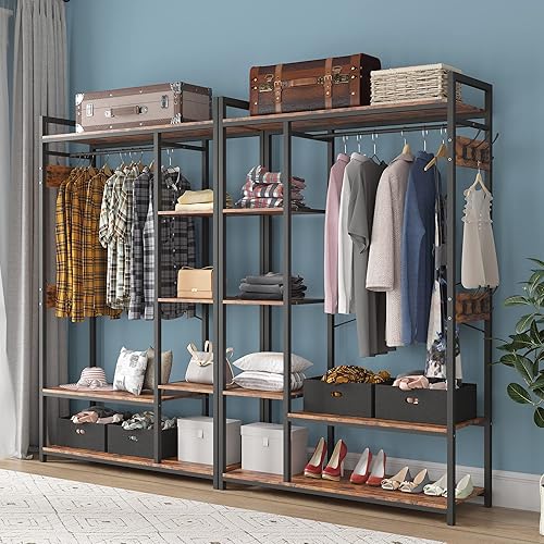 Miniatura 6 de Organizador de armario de pie con caja de almacenamiento y gancho lateral perchero portátil con 6 estantes resistentes y barra para colgar estantes