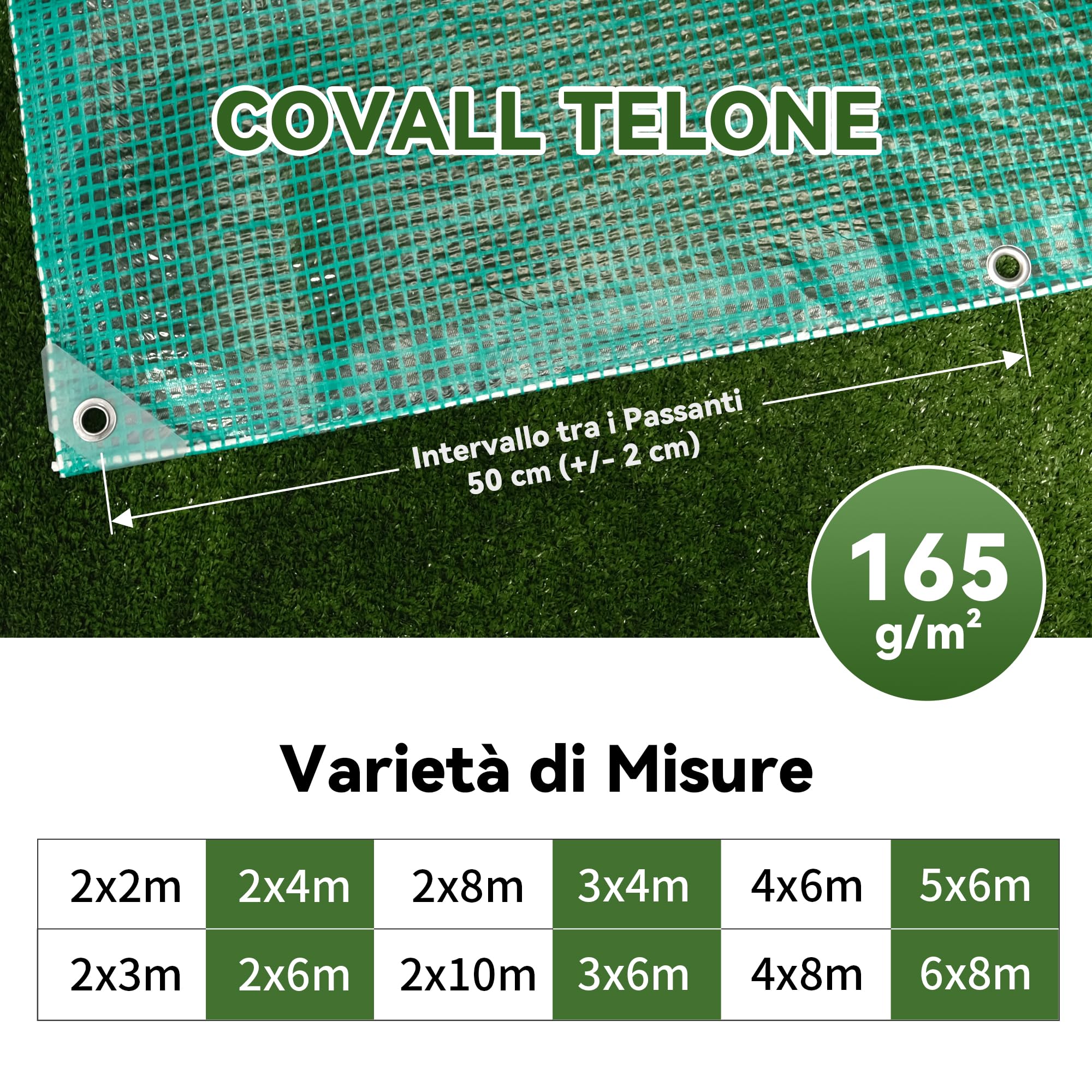 Telone Rinforzato con Occhielli in Metallo, Impermeabile e Antistrappo per Esterno, Giardino e Terrazzo 165g/m² Verde Trasparente 2x10 m
