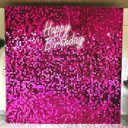 Miniatura 2 de Paneles de pared brillantes de color rosa intenso, fondo brillante de 6 x 4 pies, telón de fondo cuadrado de lentejuelas para cumpleaños,