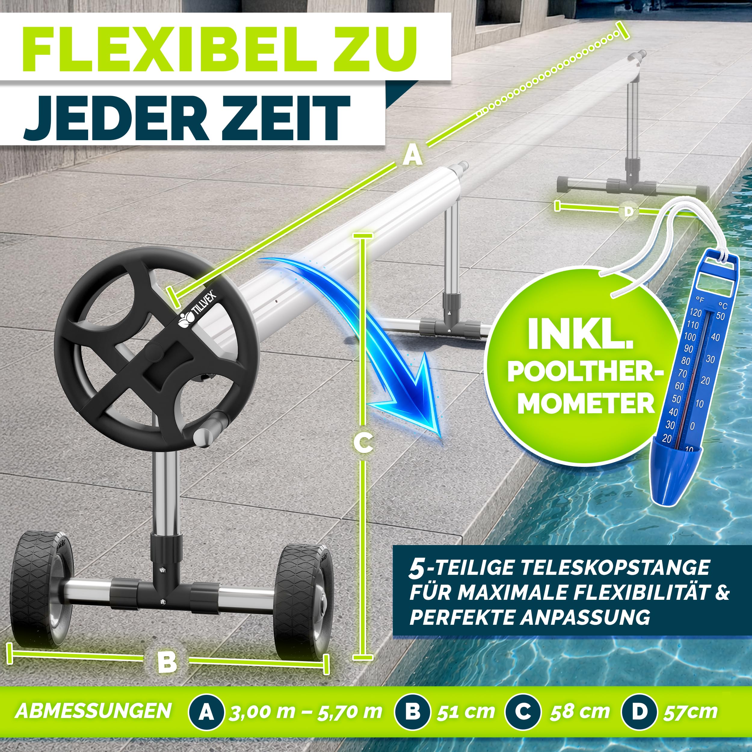 tillvex Pool Aufroller Premium 3-5,70 m mit Vollgummireifen inkl. Thermometer & Bänder | Aufrollsystem für Solarfolie | Aufrollvorrichtung für Poolplane & Abdeckung | witterungsbeständiges Material