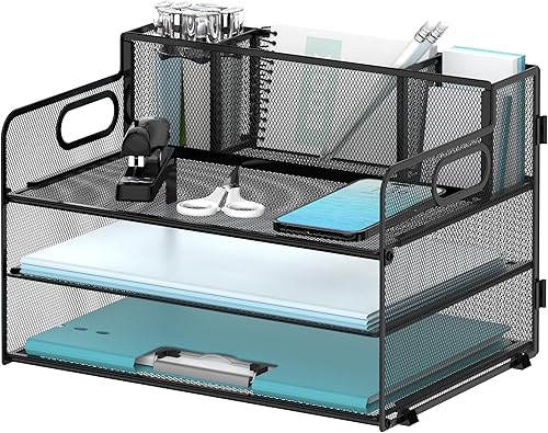 DALTACK Organizador de escritorio de malla de 3 niveles con 3 soportes para bolígrafos, bandeja de papel con asas, organizador de archivos de