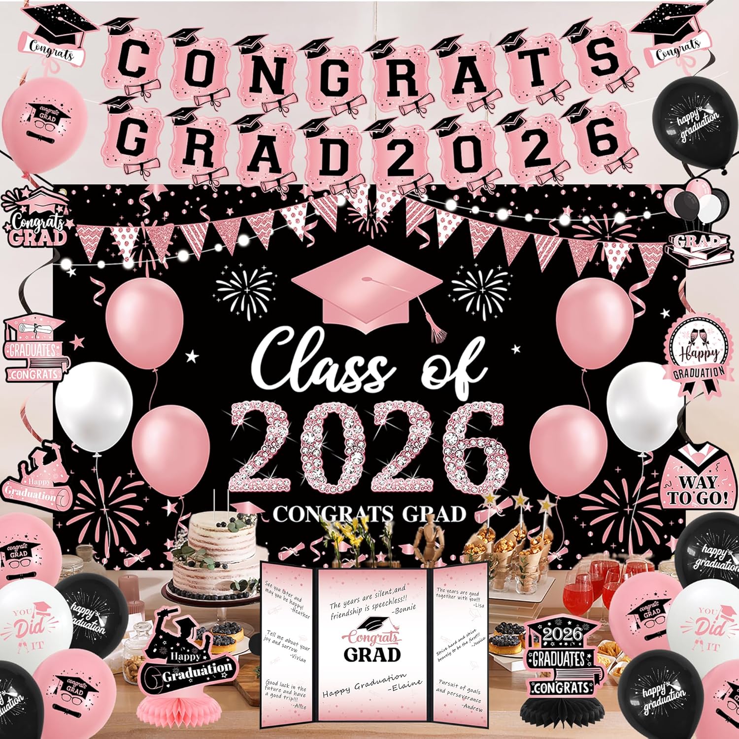 Vlipoeasn Pink 2026 Graduation Party Decorations, Class of 2026 College/High School Graduation Decorations Party Supplies, Black and Pink 2026 Congrats Grad Backdrop Banner Signature Book