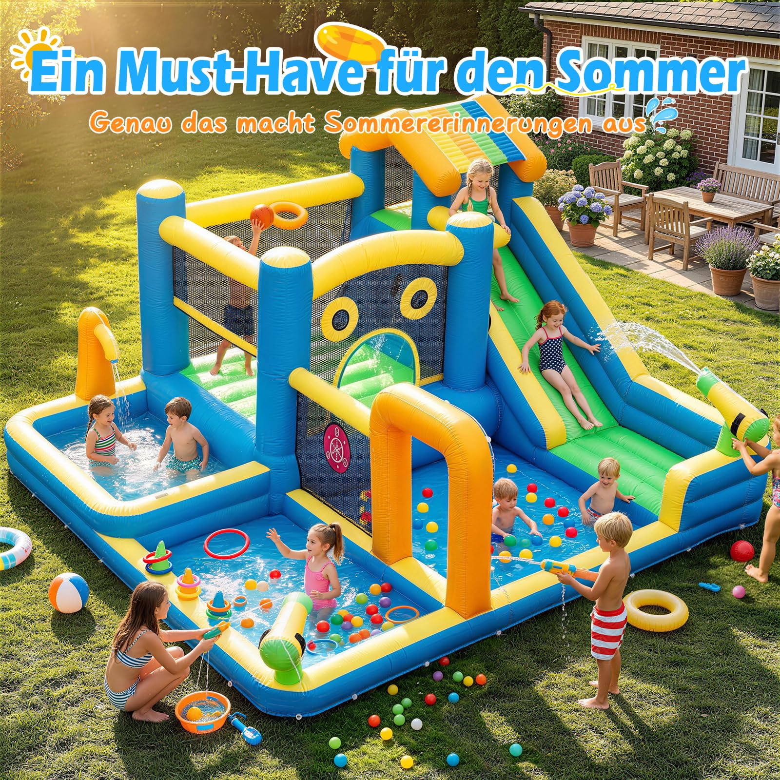 Casa di rimbalzo per bambini, AONESY Castello di rimbalzo gonfiabile con scivolo d'acqua, spruzzatori d'acqua, arrampicata, salto, Area di calcio e canestro per il cortile all'aperto dell'interno