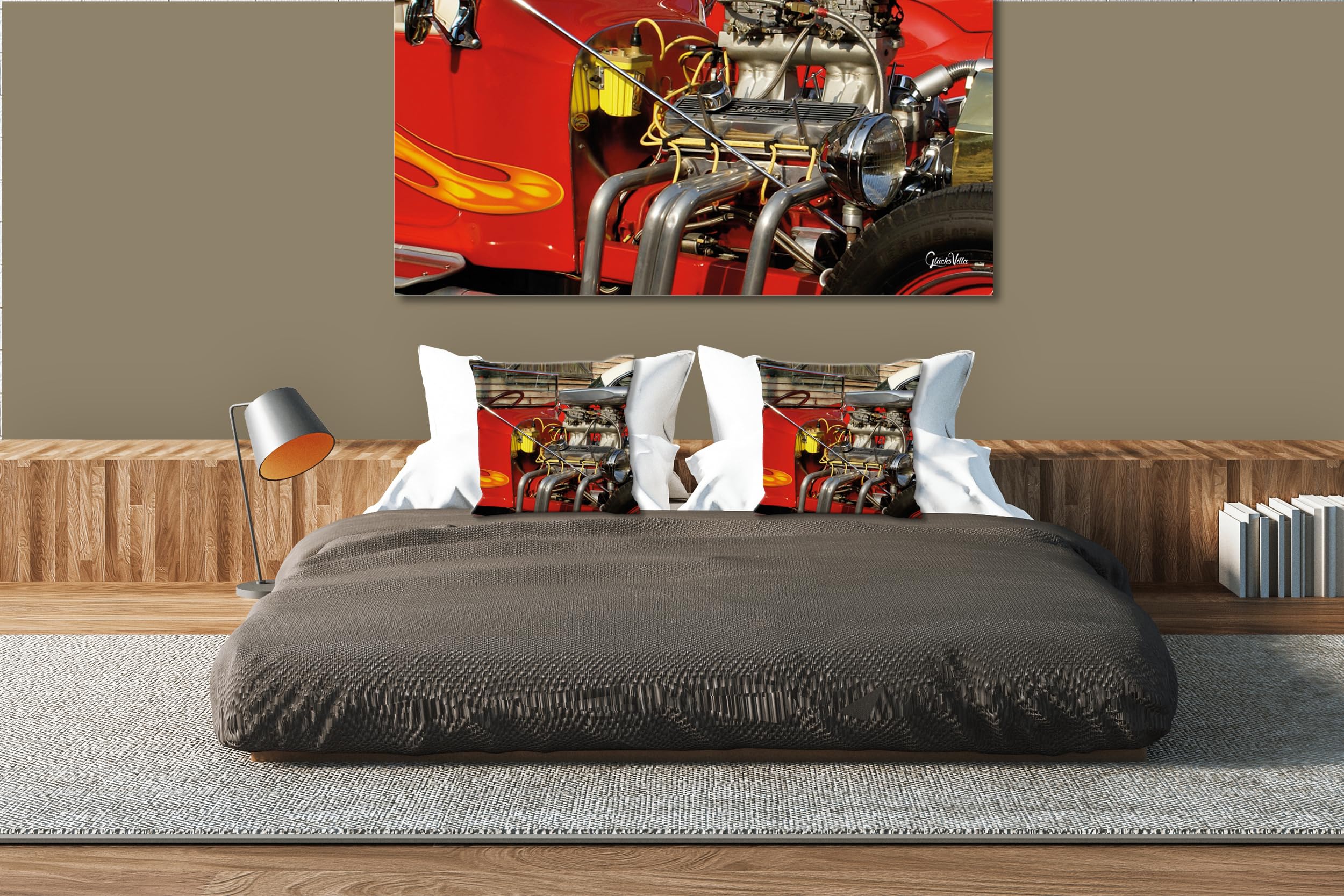 Red Hot Rod - Foto-Kissen-Hülle Set (2 STK.) 40 x 40 cm | Kissen-Bezüge - passend zu Wandbild - Deko-Kissen - Auto Fahrzeug Oldtimer Technik USA