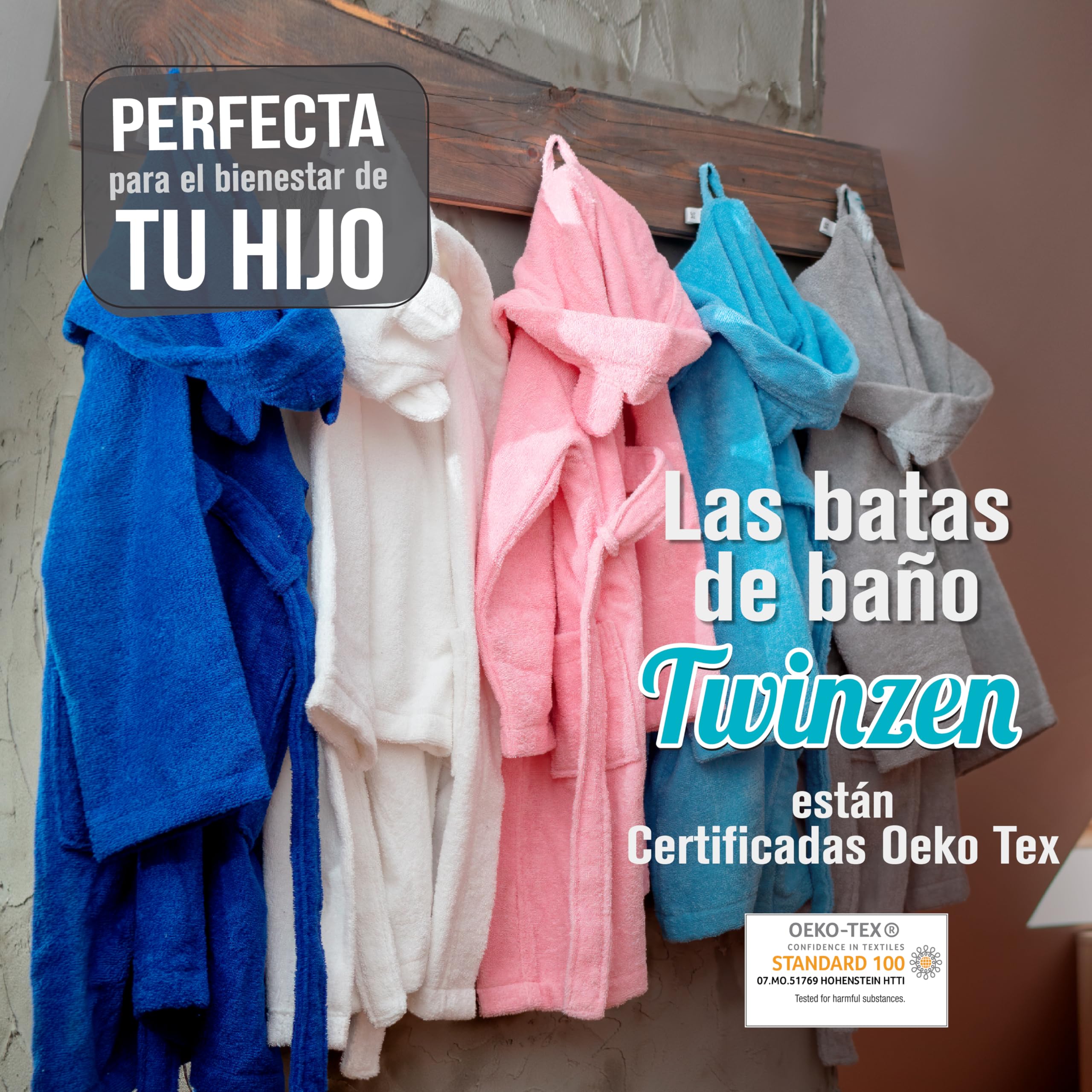 Albornoz Niños Algodón OEKO-TEX® Bata de Baño 2 Bolsillos Cinturón Capucha