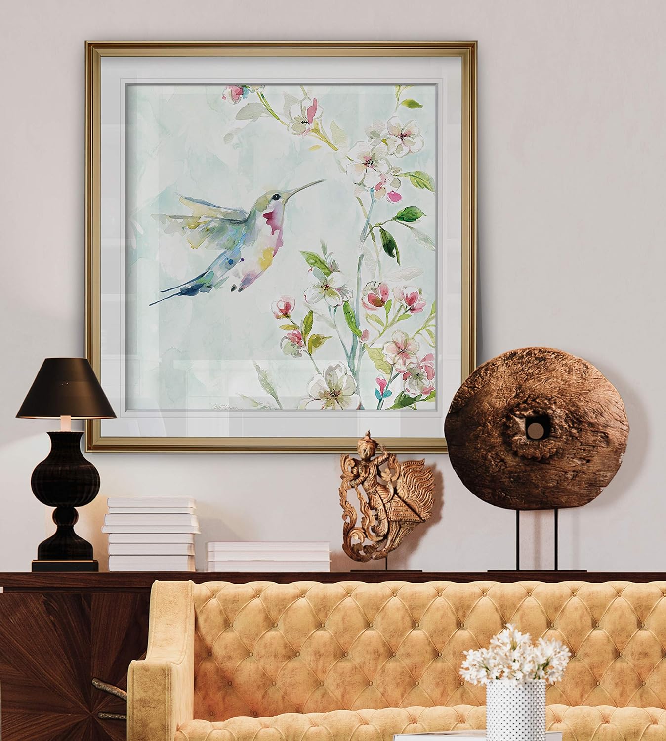 Hummingbird III Bird Framed Wall Art Colorful Animal Pictures Giclee Prints with Gold Frame Spring Wall Decor Minimalist Botanical Painting for Living Room, Bedroom, Bathroom
